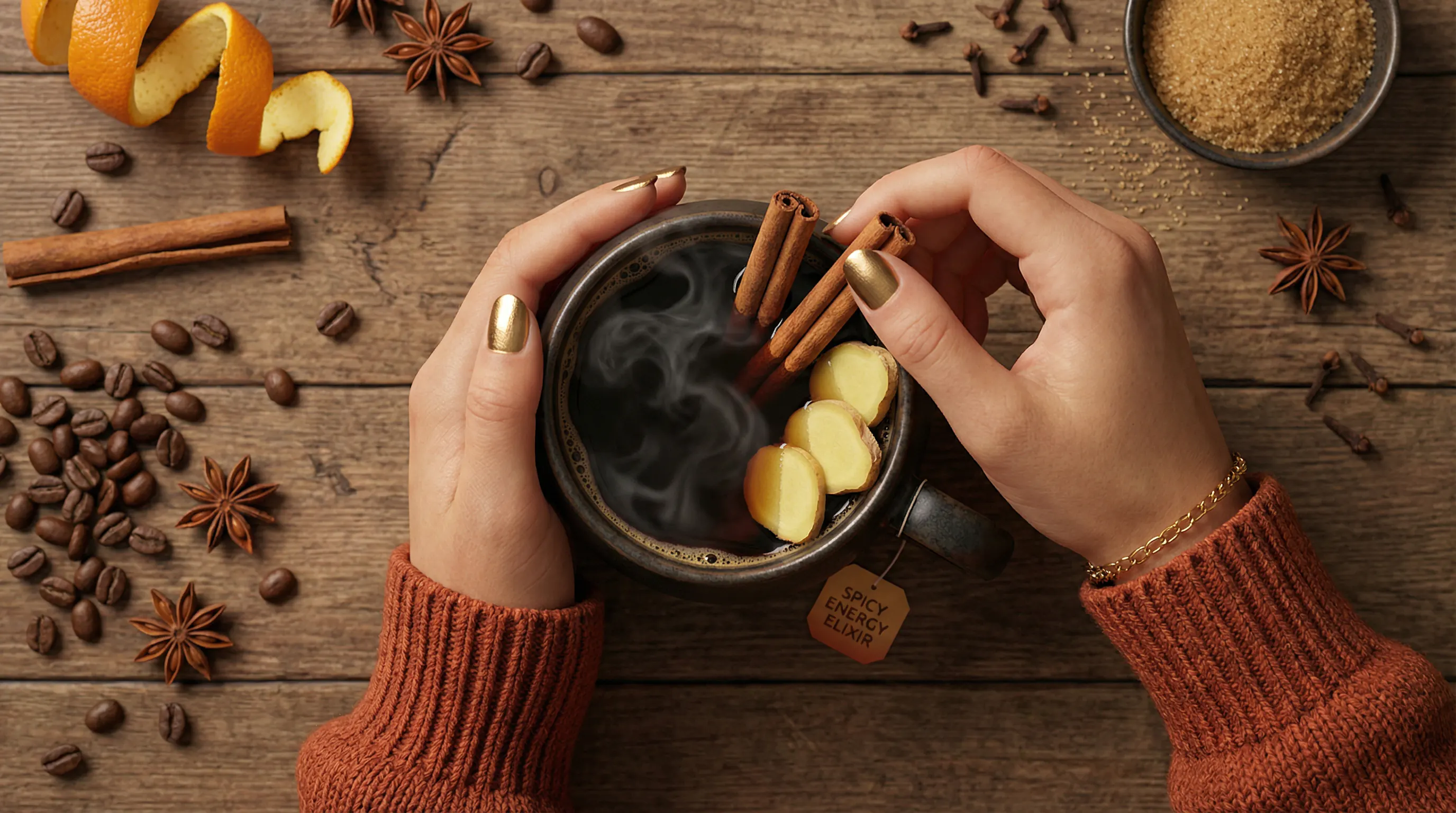 دستان کارینا با لباس رنگ گرم در حال ترکیب ادویههای دارچین و زنجبیل با قهوه.