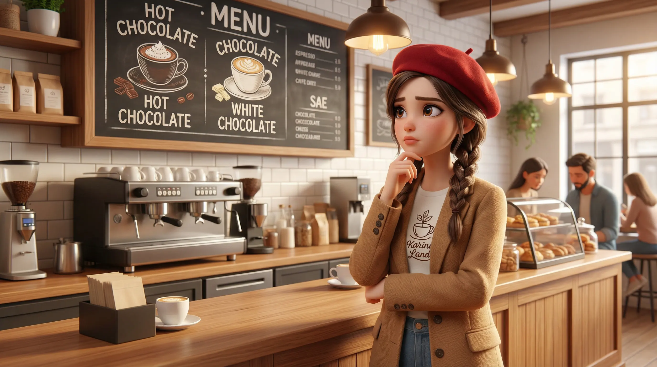 کارینا با استایل کت تک و کلاه فرانسوی در کافه، مردد بین انتخاب هات چاکلت و وایت چاکلت.