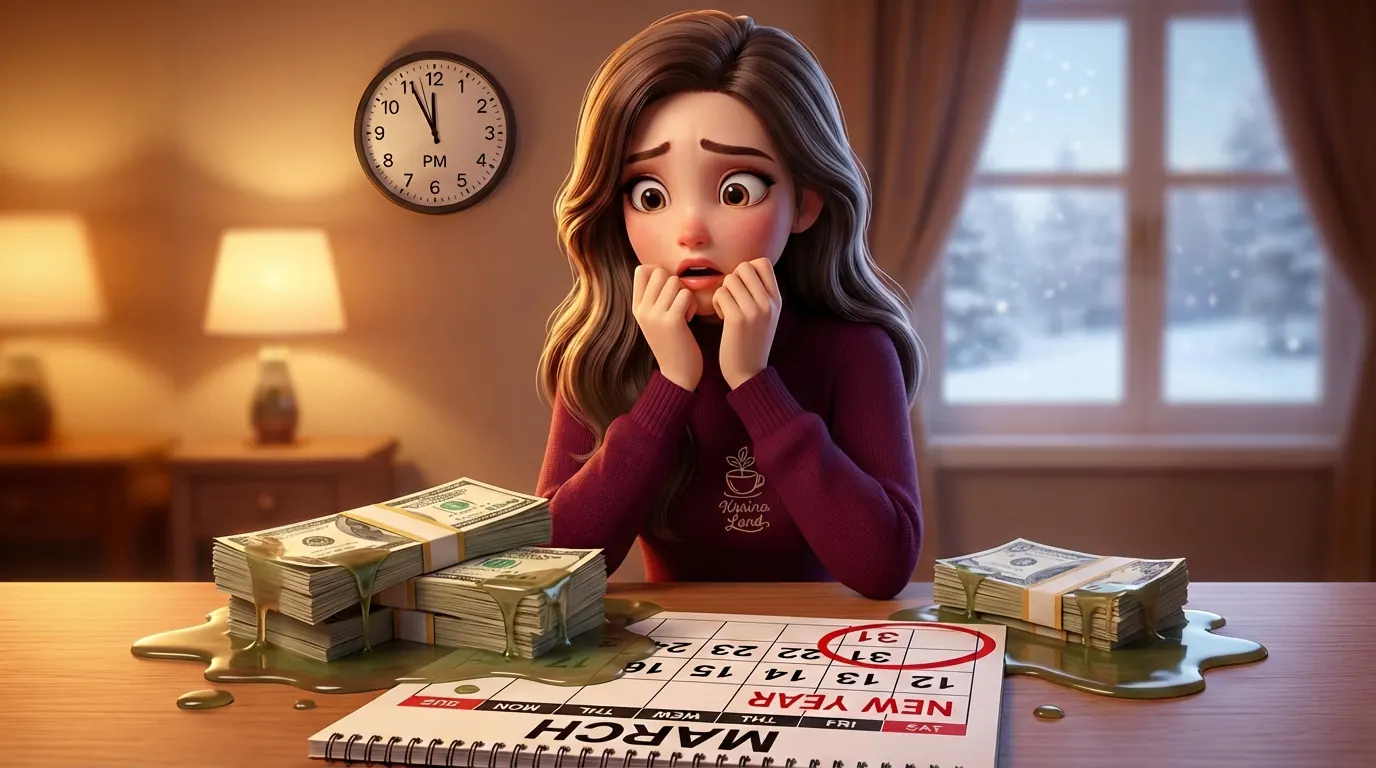 کارینا با تعجب شاهد آب شدن اسکناس‌ها مثل یخ بر اثر تورم اسفند ماه است  اکسسوری: ساعت مچی بزرگ و شیک (نشان‌دهنده اهمیت زمان).