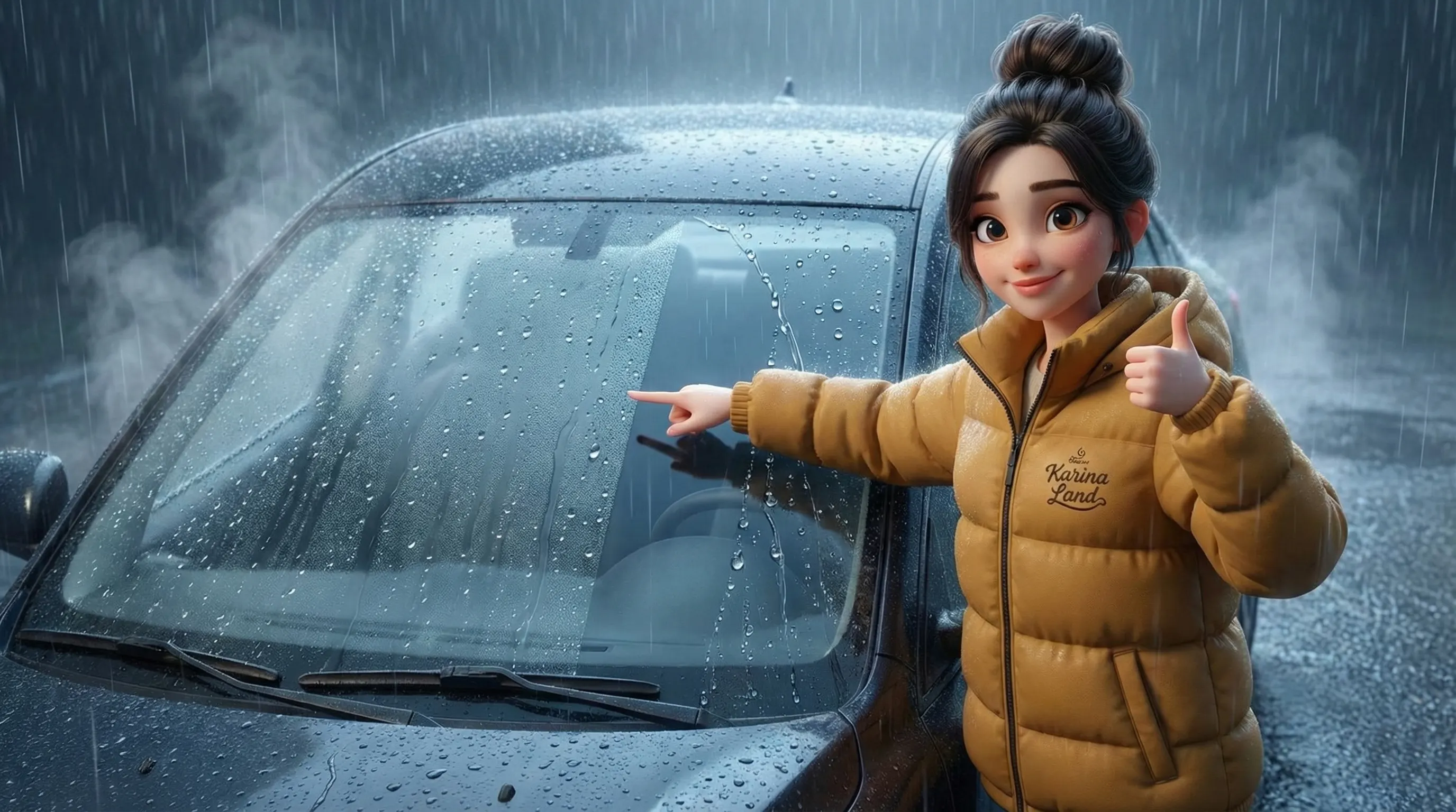 تست محلول ضد بخار و آب‌گریز نانو روی شیشه خودرو در هوای بارانی و نمایش شفافیت دید راننده.