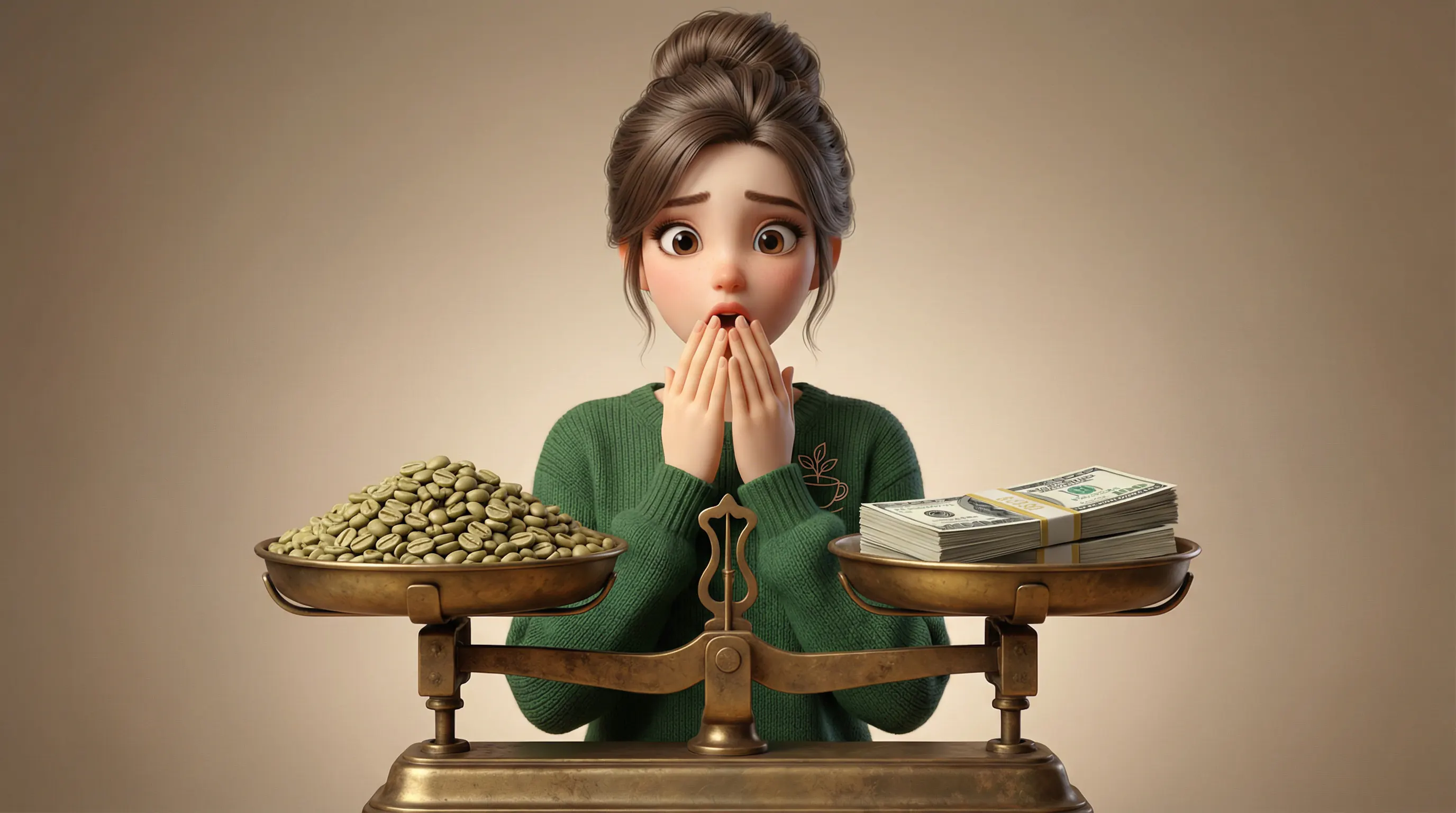 کارینا با تعجب شاهد برابری ارزش دانه‌های قهوه با اسکناس دلار در یک ترازوی نمادین است.