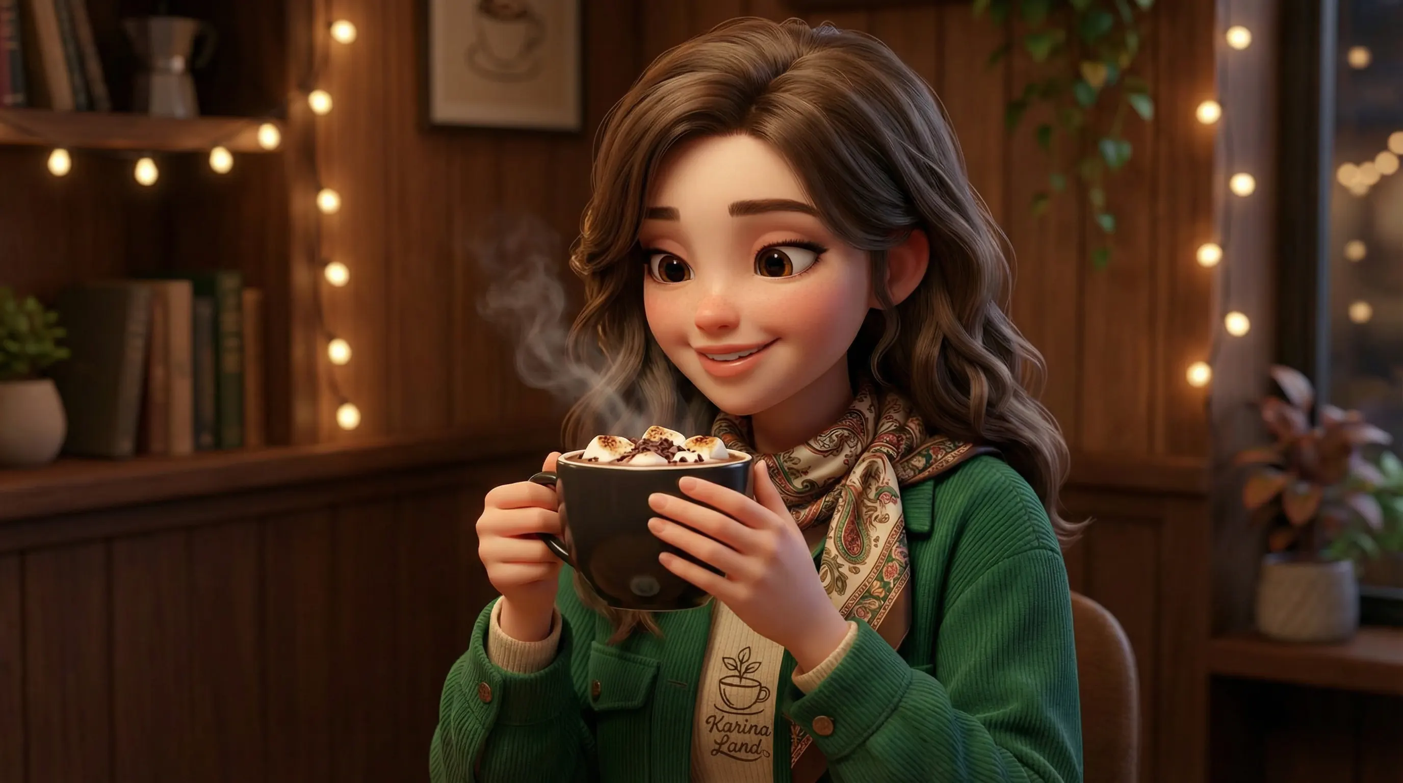 کارینا در کافه در حال لذت بردن از یک ماگ هات چاکلت غلیظ و داغ با مارشمالو و بخار فراوان.