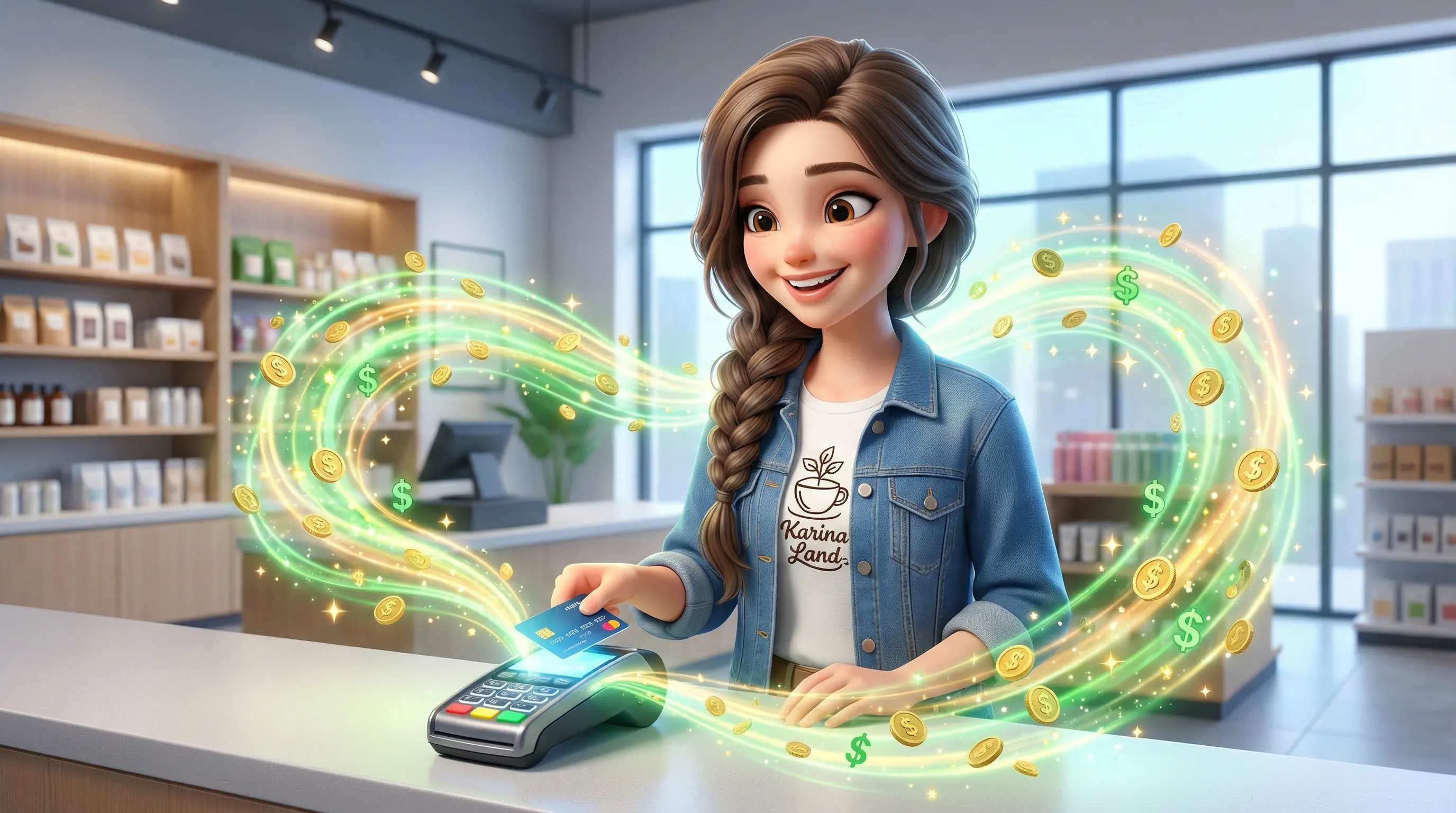 کارینا با خوشحالی در حال کارت کشیدن؛ جریان انرژی نورانی سبز و طلایی نشان‌دهنده بازگشت چند برابر پول به سمت اوست.