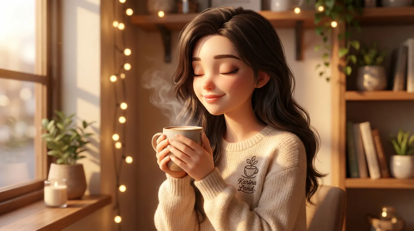 کارینا با لباس راحت در خانه در حال نوشیدن قهوه برای رفع استرس اخبار؛ فضای آرام و دنج.