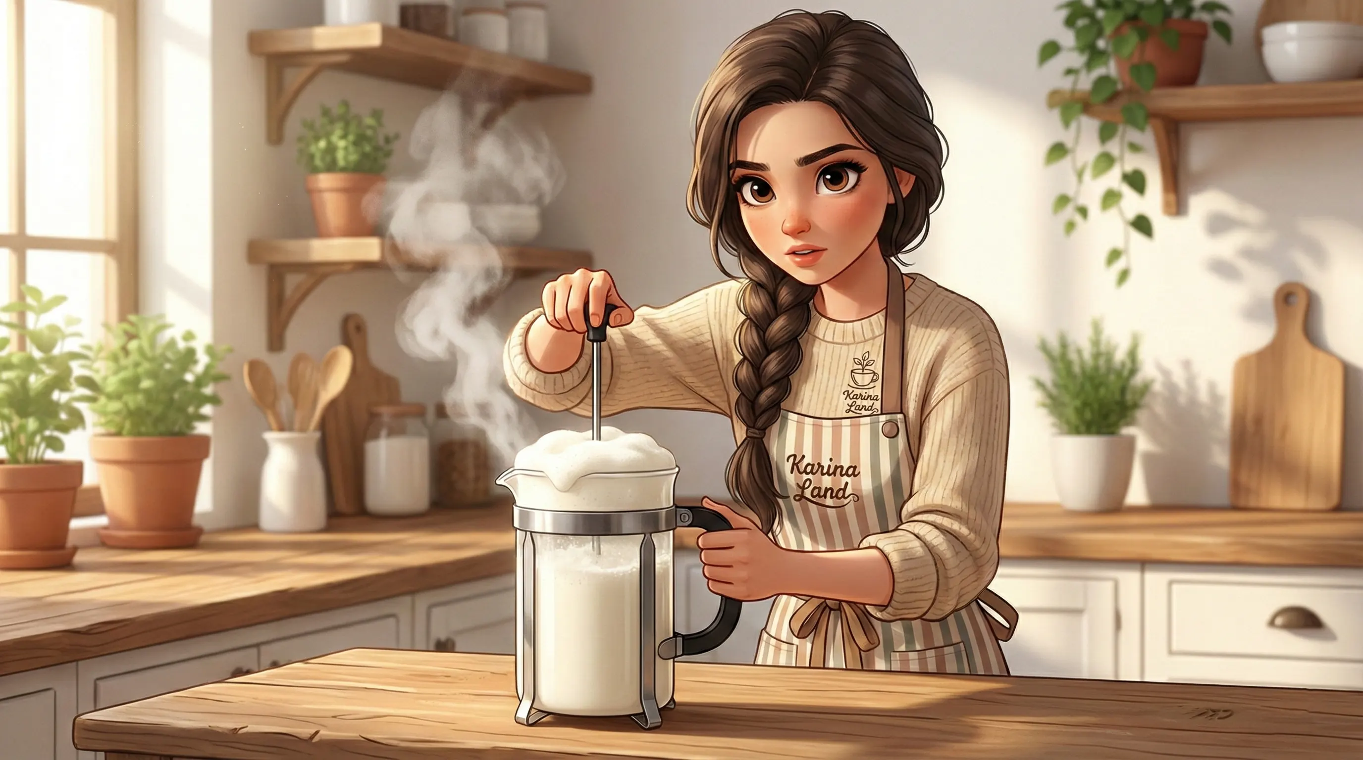 مراحل نهایی تهیه کاپوچینو: کارینا در حال اضافه کردن لایه فوم شیر غلیظ روی اسپرسو برای خلق یک نوشیدنی سه لایه.