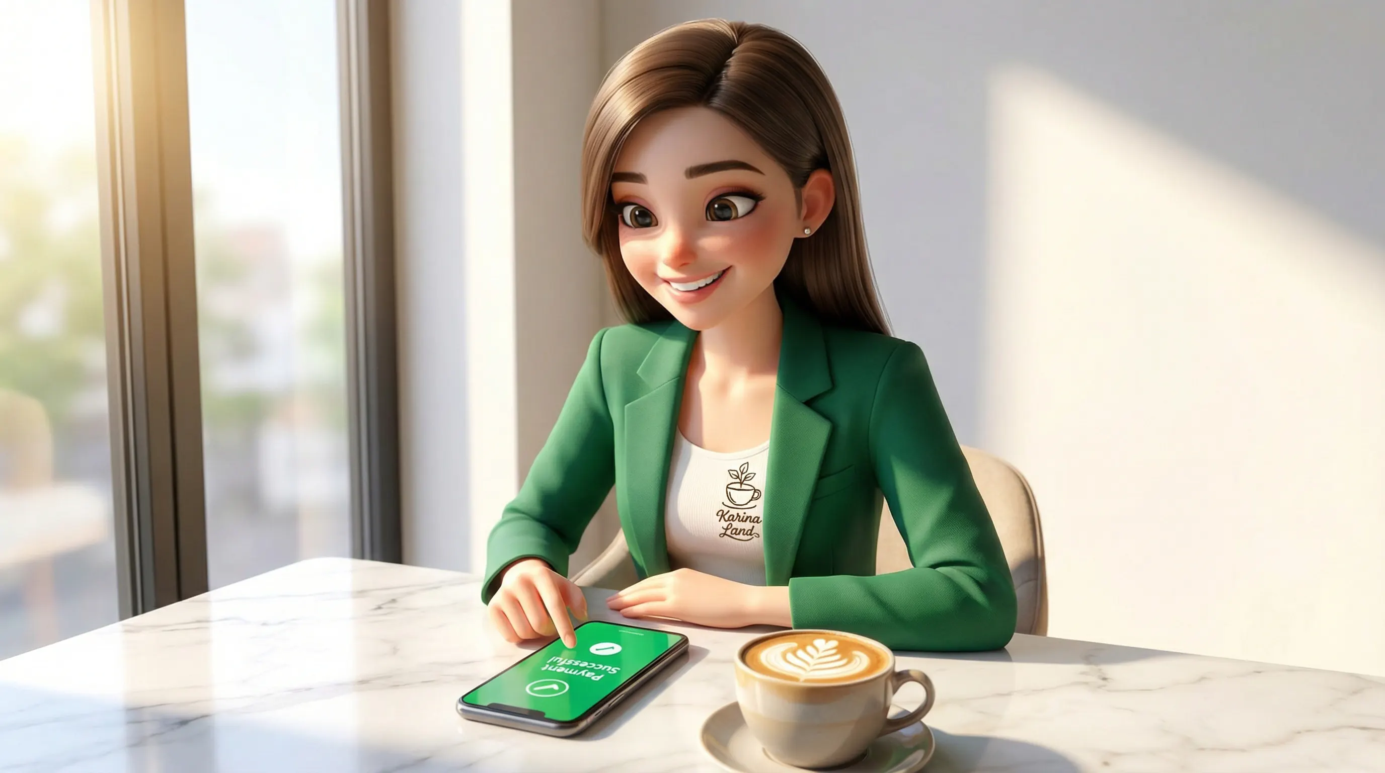 کارینا با استایل شیک در حال دادن پاداش جسارت مالی به خود با یک فنجان قهوه عالی پس از سرمایهگذاری هوشمندانه.