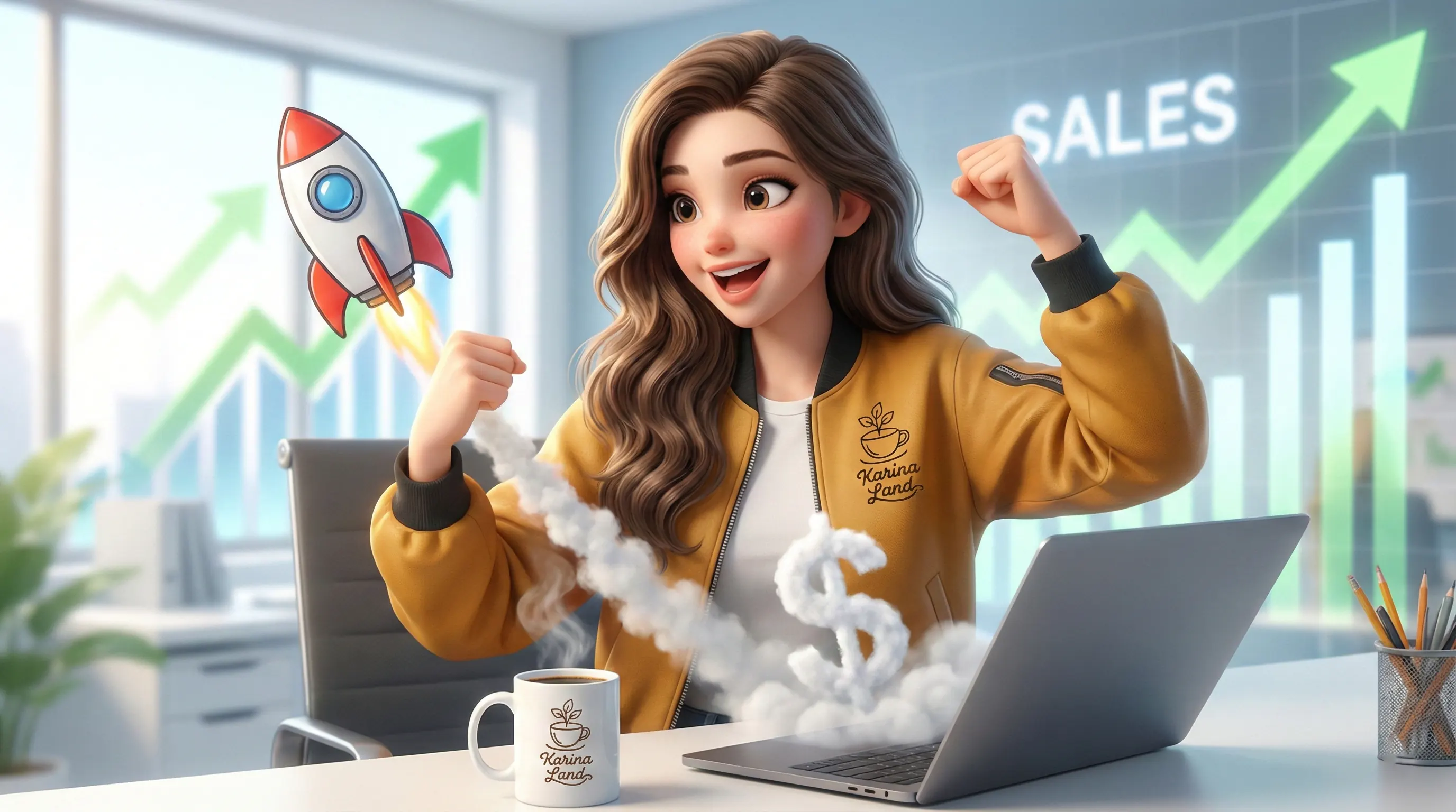 کارینا با هیجان در کنار موشک در حال پرتاب از لپتاپ و نمودار رشد فروش، نماد شروع قدرتمند کسبوکار و کمپین فروش.