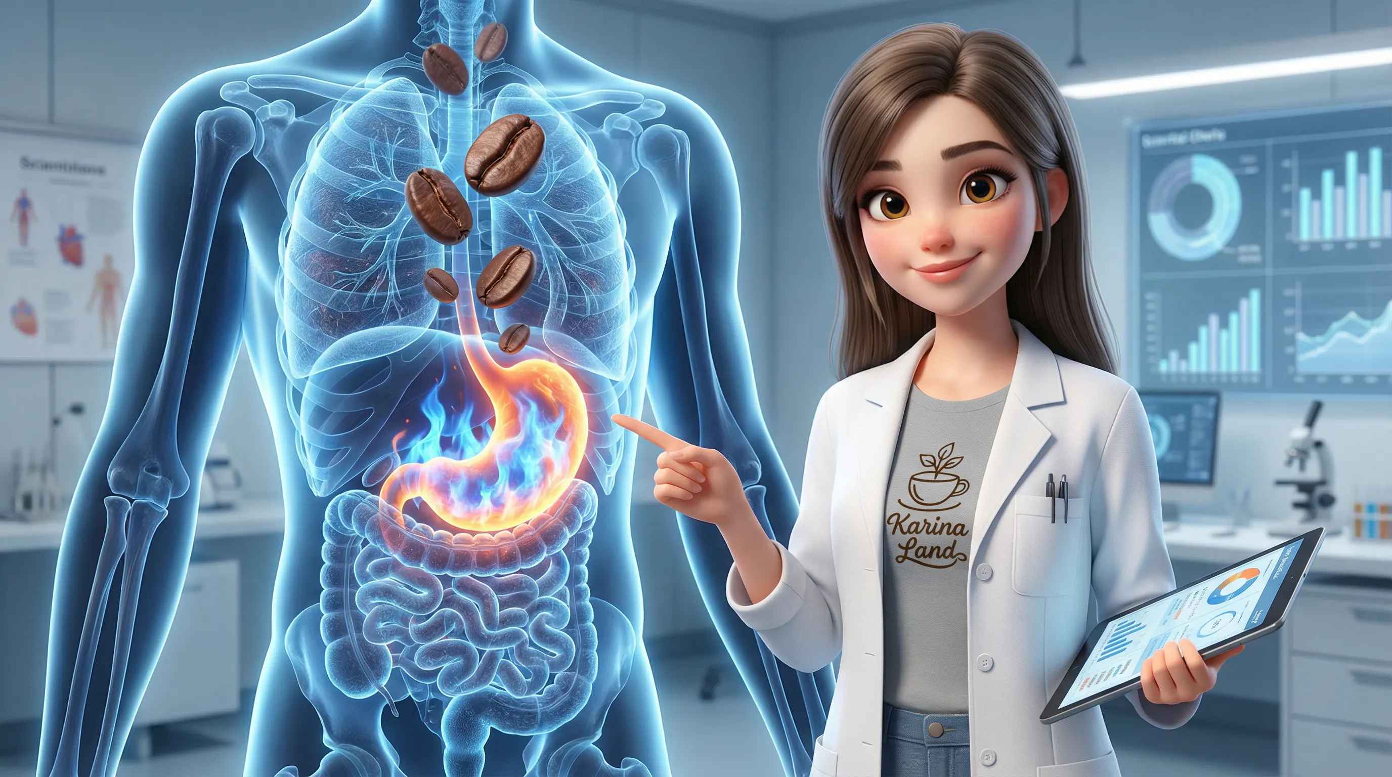 کارینا در حال آموزش علمی تاثیر کافئین قهوه روبوستا بر افزایش آتش متابولیسم و چربی‌سوزی بدن.