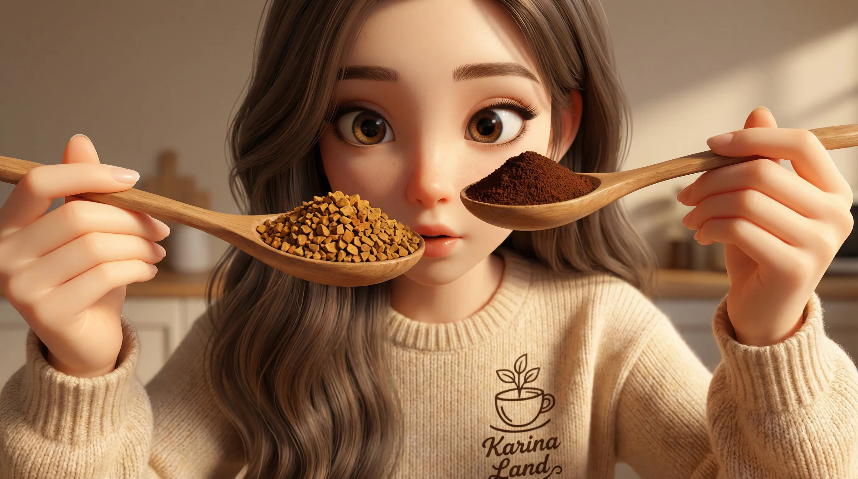 کارینا در حال بررسی تفاوت بافت قهوه گلد و پودر اسپرسو روی قاشق چوبی