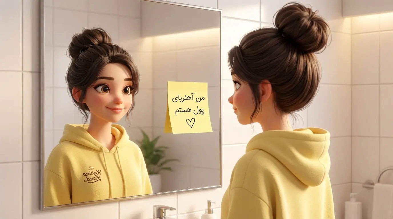 تمرین روزانه عبارات تاکیدی جذب ثروت؛ کارینا در حال چسباندن یادداشت "من آهنربای پول هستم" روی آینه.