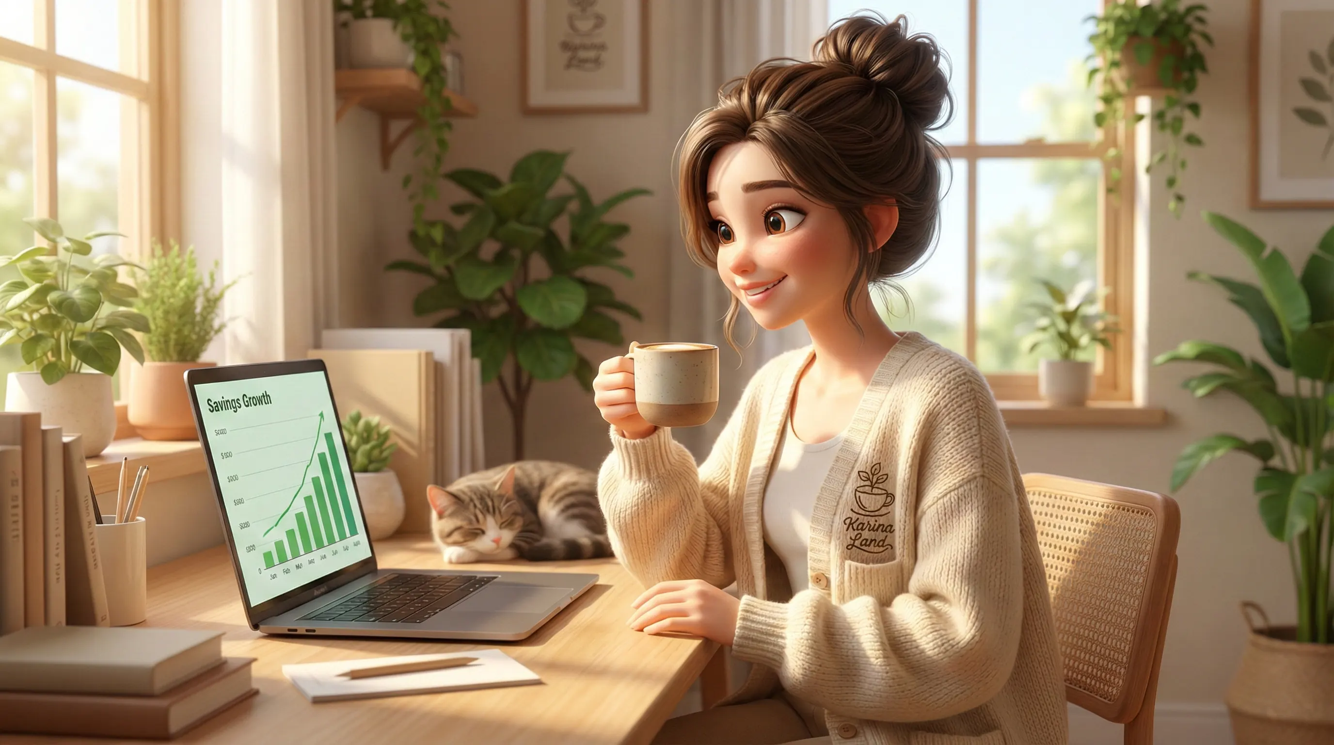 کارینا در دفتر کار خانگی خود با لذت قهوه خانگی می‌نوشد و نمودار رشد پس‌انداز را در لپ‌تاپ بررسی می‌کند؛ سبک زندگی هوشمندانه.