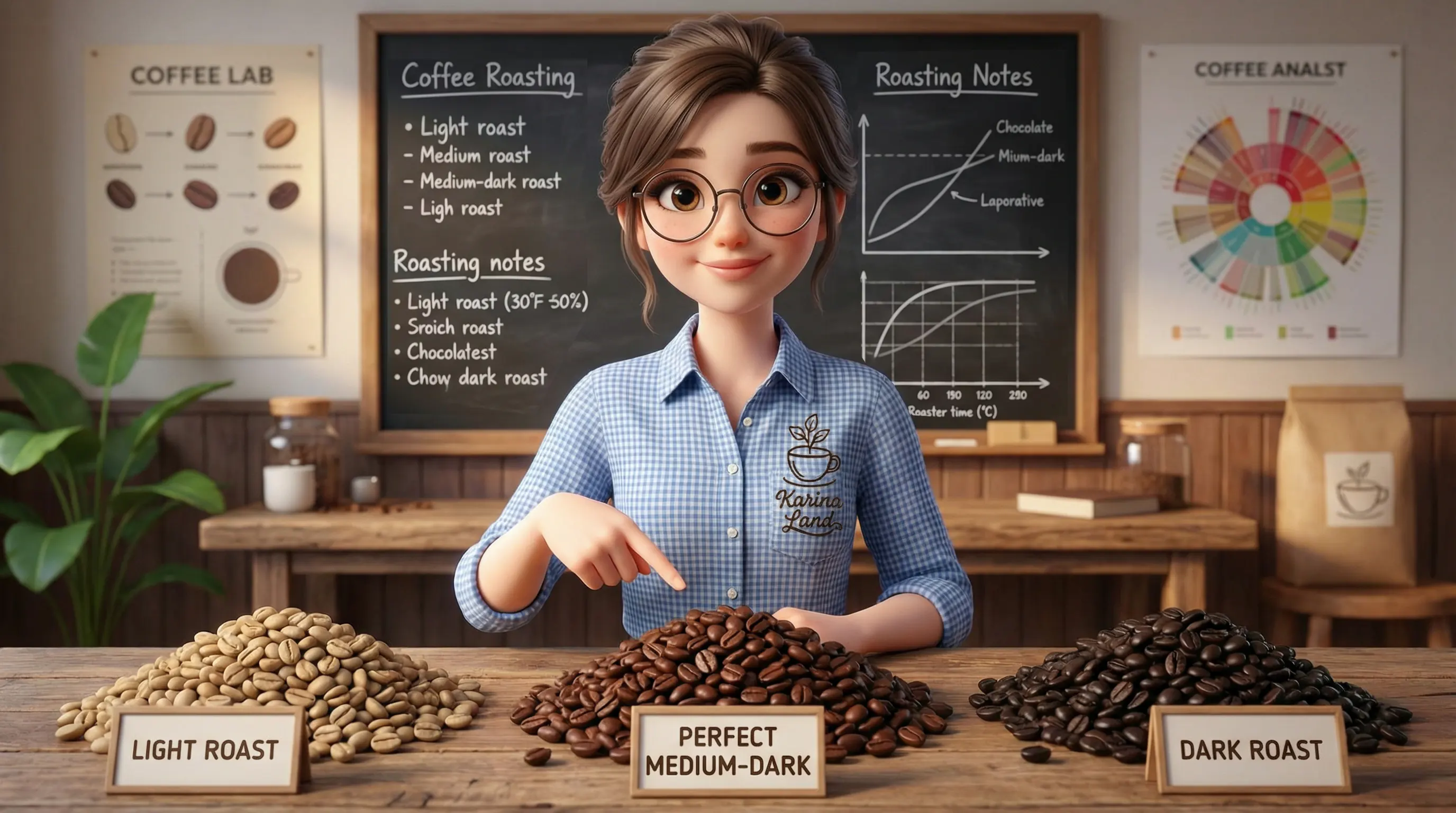 کارینا در حال آموزش و مقایسه انواع رست قهوه؛ اشاره به دانه شکلاتی مدیوم دارک به عنوان بهترین گزینه برای دستگاه خانگی.