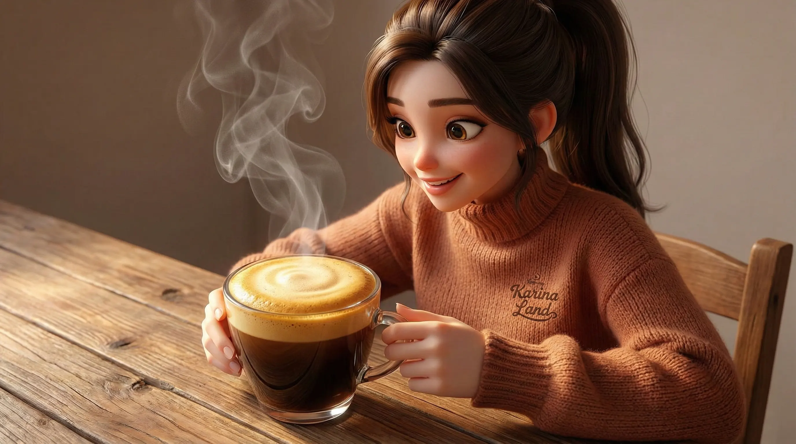 کارینا با لباس بافتنی گرم آماده نوشیدن یک فنجان اسپرسو با لایه ضخیم و طلاییِ خامه (کرما) .