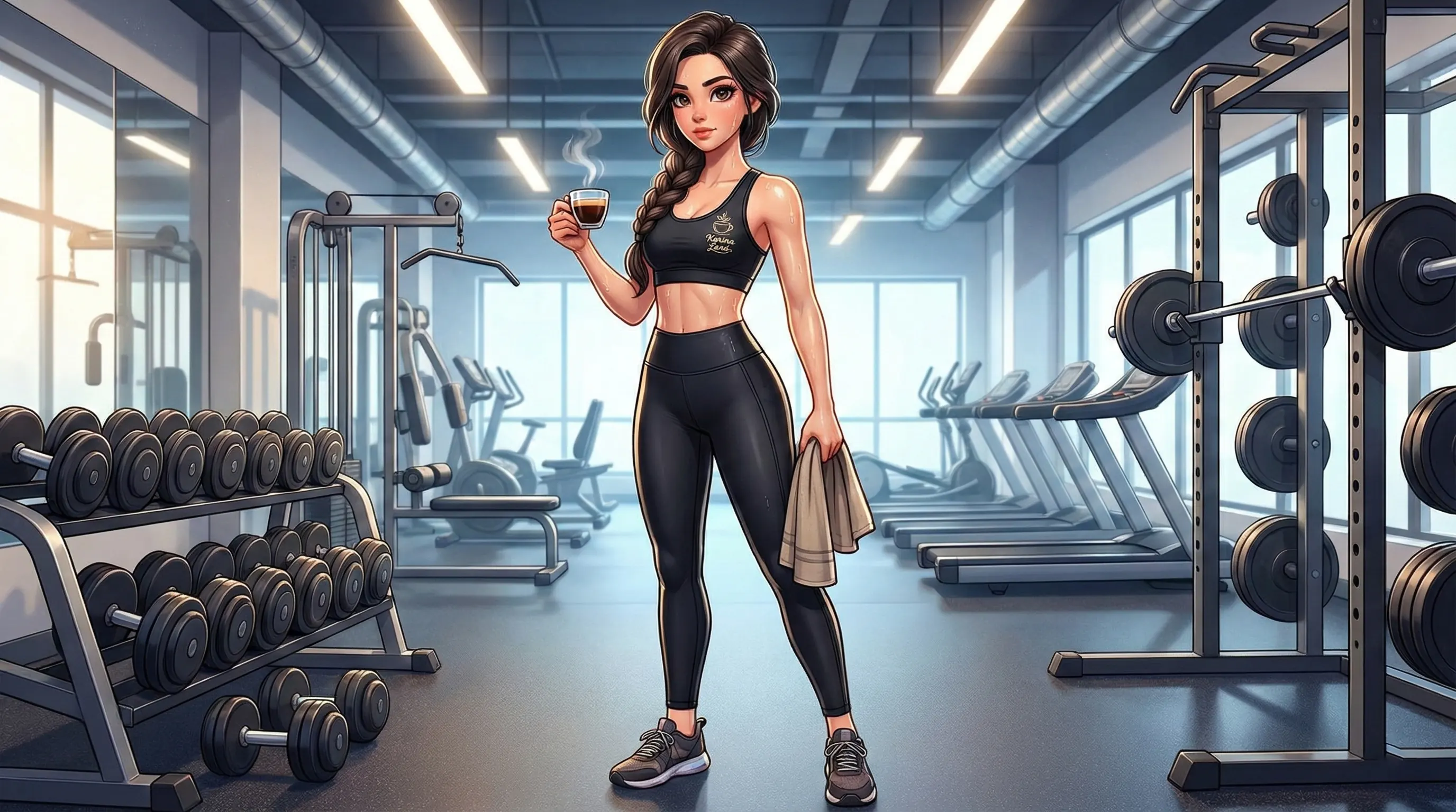 قهوه اسپرسو قبل از ورزش: کارینا در باشگاه آماده تمرین سنگین با انرژی حاصل از قهوه فول کافئین.