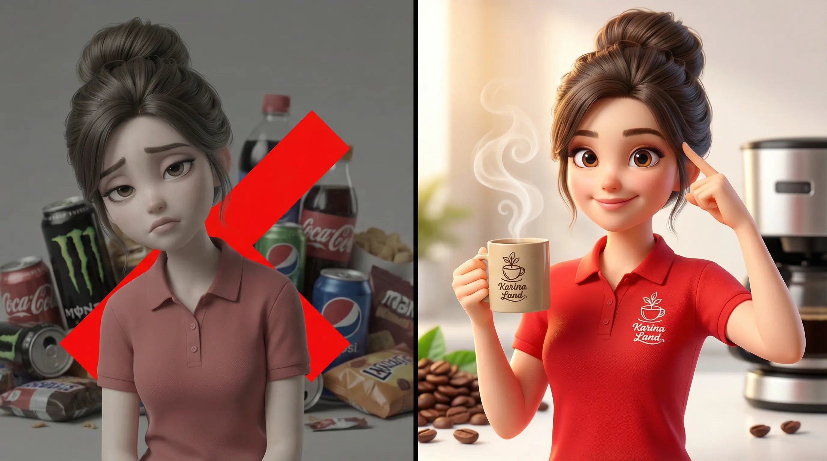 مقایسه هزینه بد و خوب: کارینا نوشابه انرژی‌زا را رد می‌کند و قهوه کارینالند را به عنوان سوخت واقعی انتخاب می‌کند.