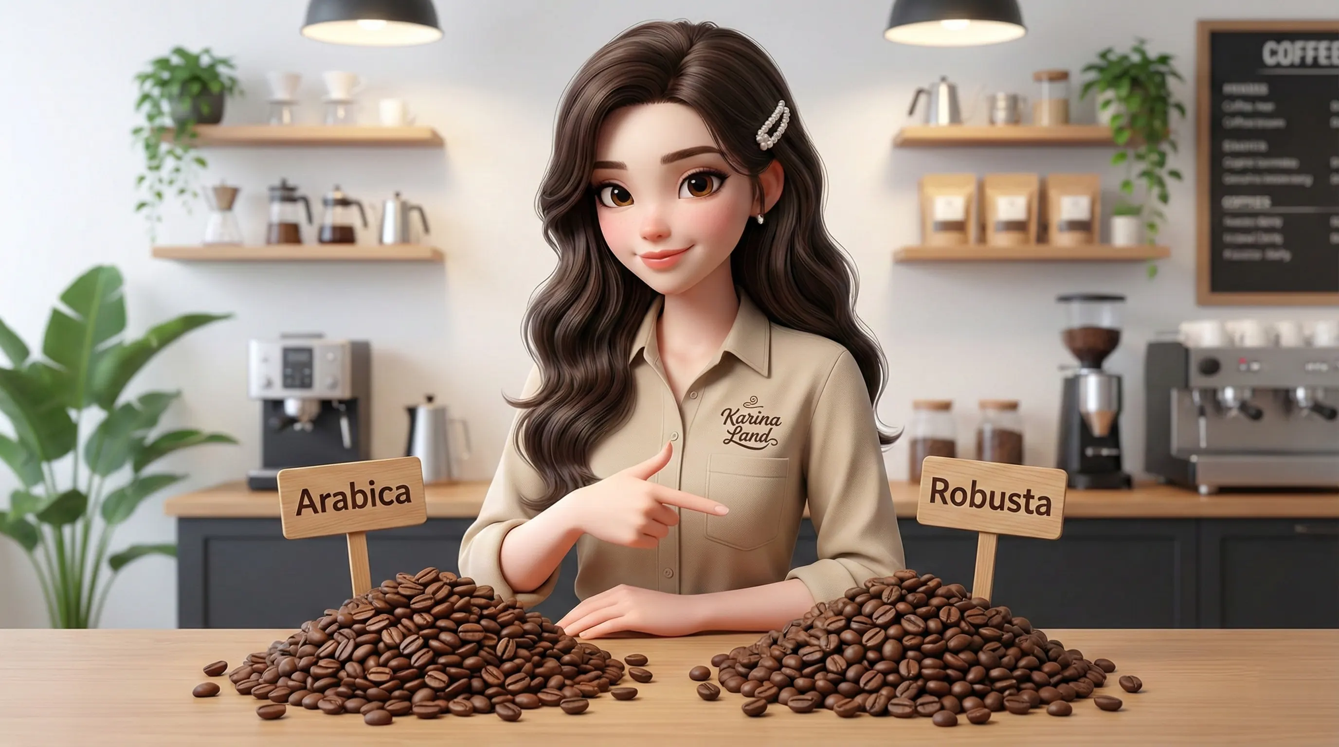 کارشناس کارینالند در حال آموزش تفاوت ظاهری و طعم دانه‌های قهوه عربیکا و روبوستا برای انتخاب بهترین میکس قهوه.