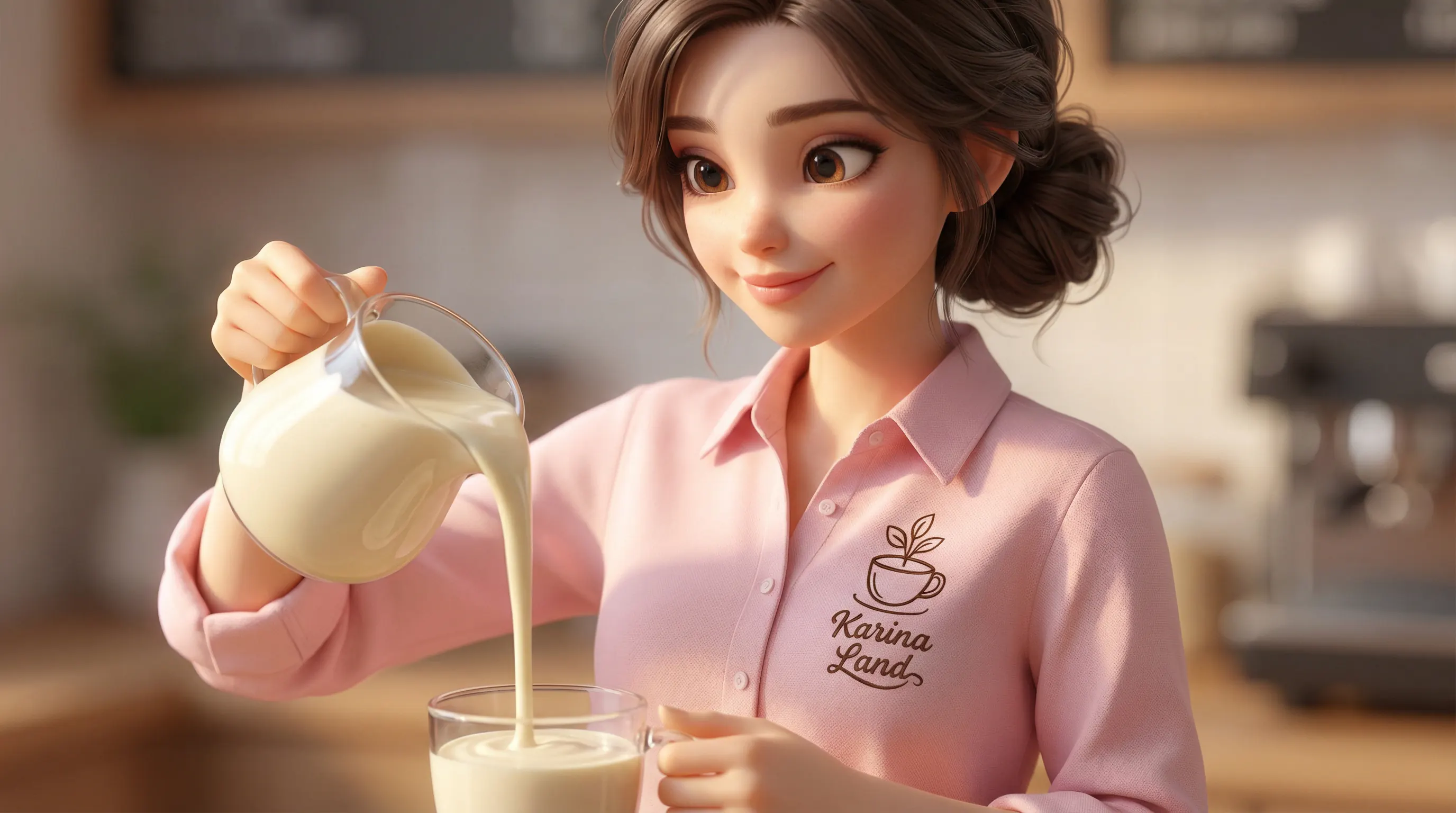 کارینا با پیراهن صورتی در حال ریختن وایت چاکلت غلیظ و نشان دادن بافت کرمی آن.