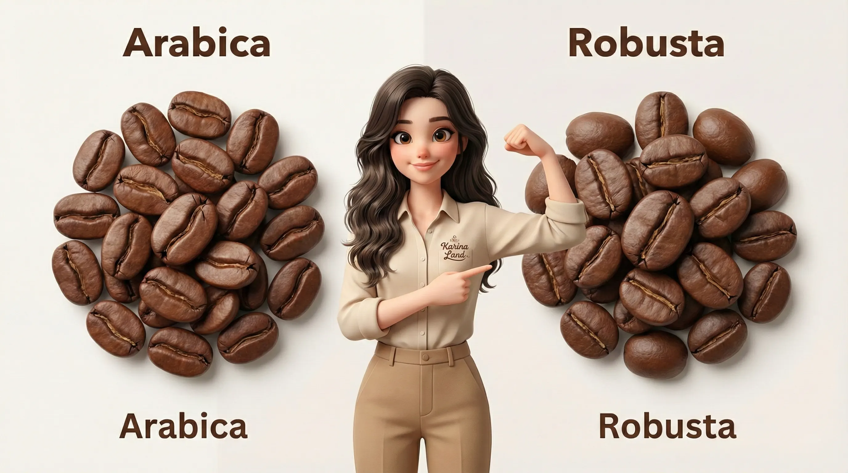 کارینا در حال نشان دادن تفاوت دانه گرد و چاقِ روبوستا با دانه کشیده و بیضیِ عربیکا.