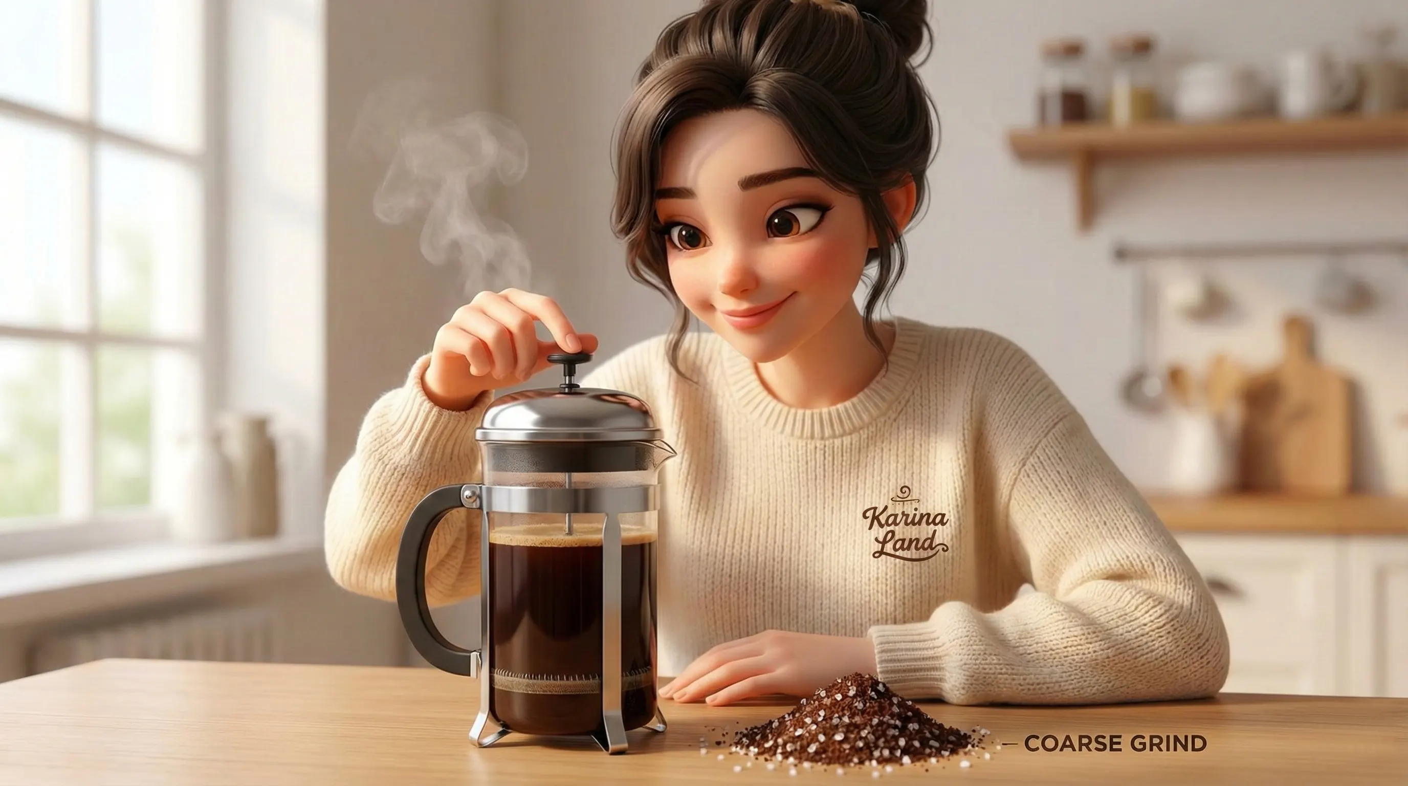  نحوه دم کردن قهوه با فرنچ پرس و نمایش سایز مناسب آسیاب قهوه (درشت) برای جلوگیری از تلخی توسط کارینا