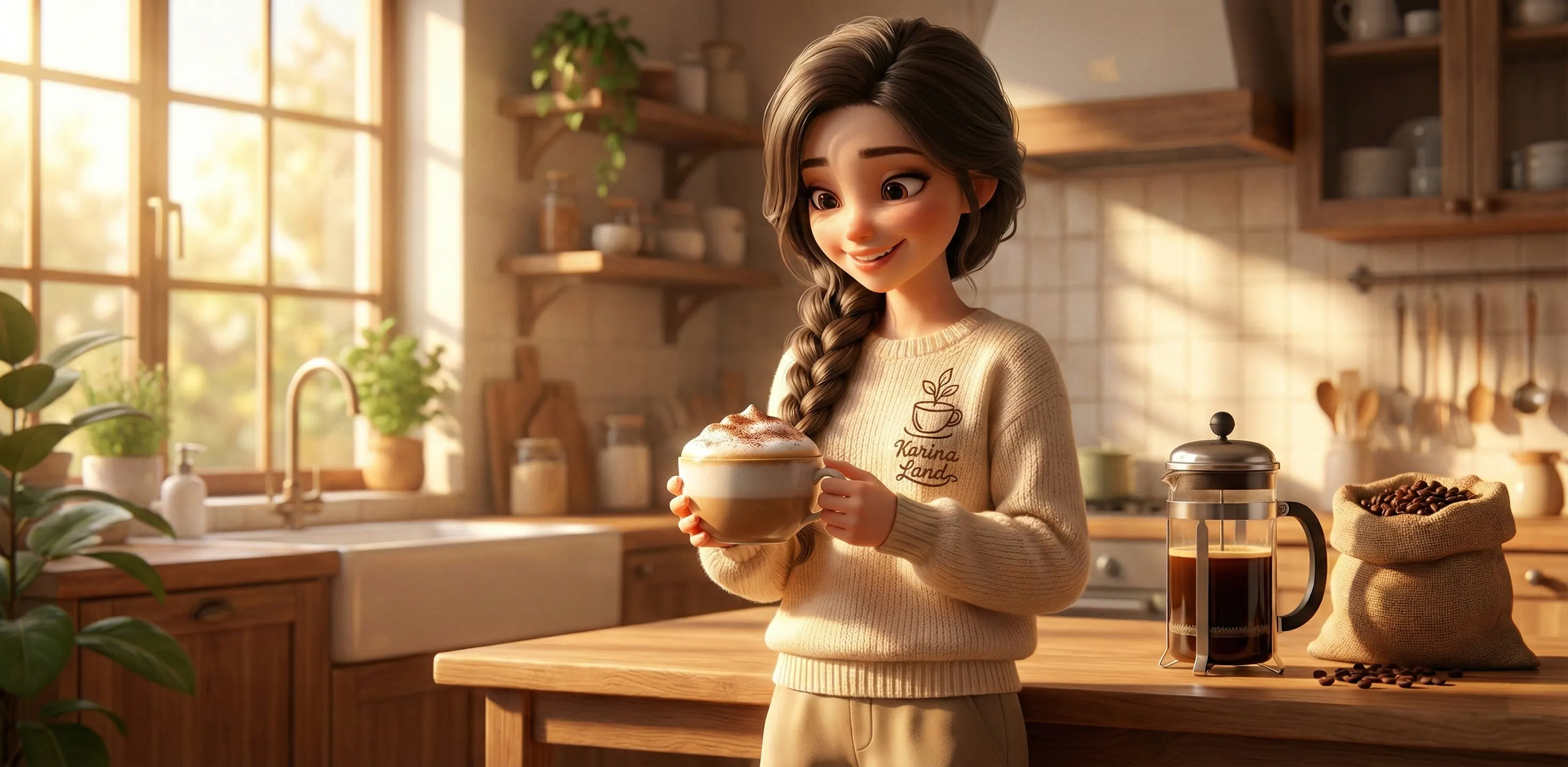 طرز تهیه کاپوچینو حرفه‌ای در خانه: کارینا با فنجان قهوه پر از فوم و پودر کاکائو که بدون دستگاه گران‌قیمت تهیه شده.