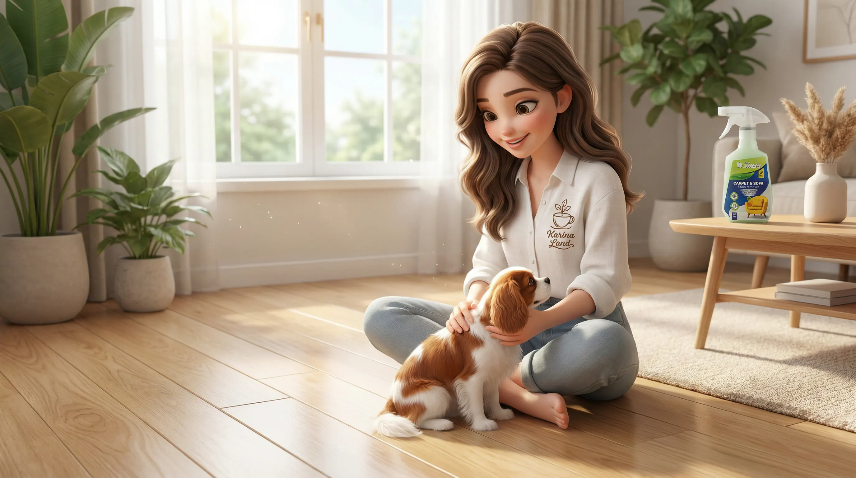 کارینا در فضایی تمیز و عاری از مواد شیمیایی سمی، با خیال راحت در کنار حیوان خانگی‌اش نشسته است (معجزه شوینده گیاهی نانو شید).