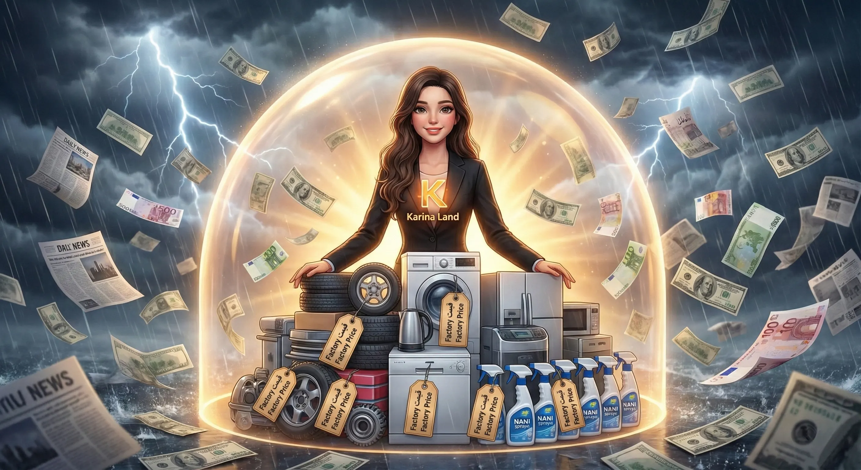 کاراکتر کارینا در حال محافظت از لوازم خانگی و قطعات خودرو با قیمت درب کارخانه در برابر طوفان نوسانات اقتصادی و تورم.