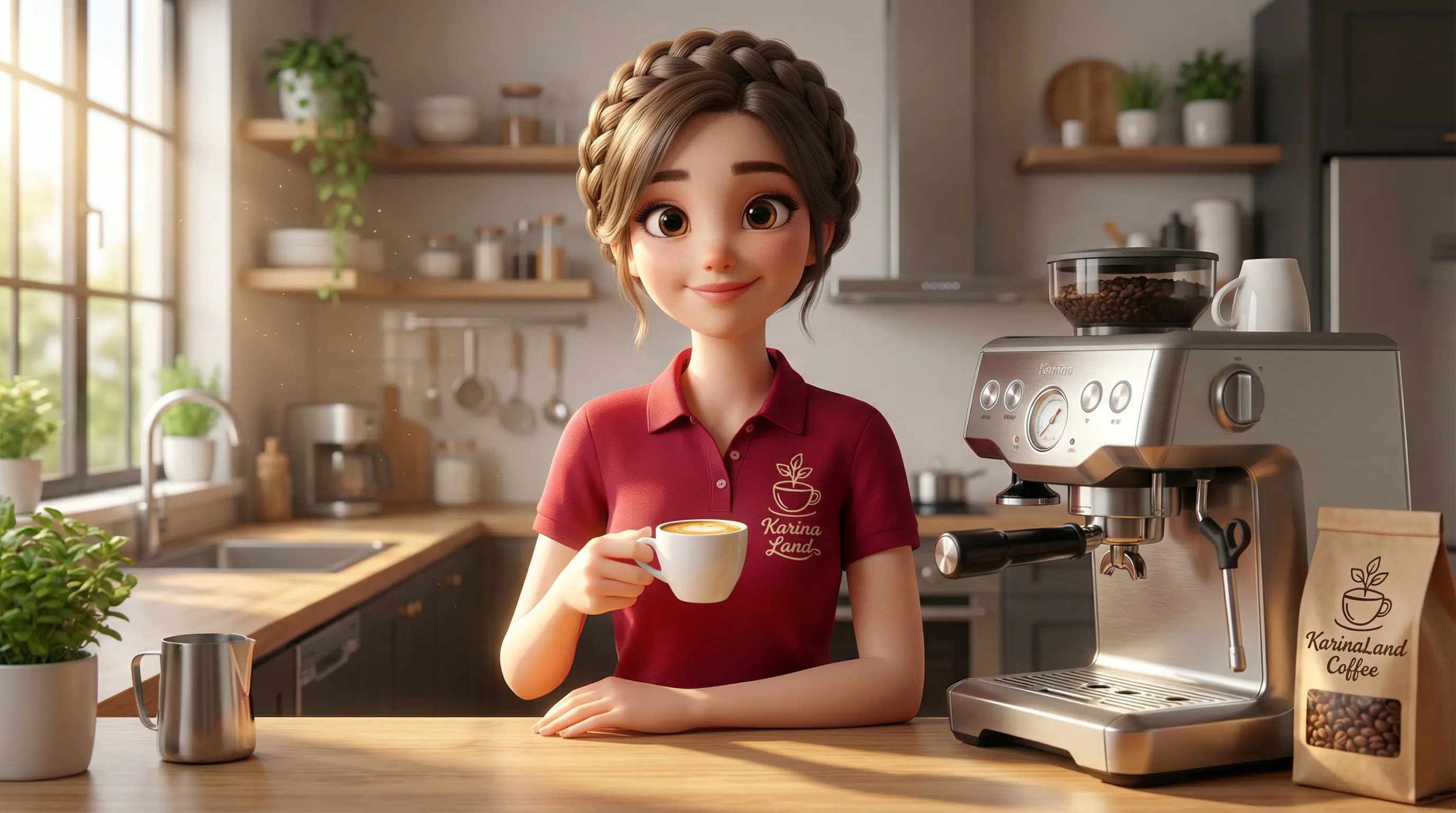 کارینا با افتخار و رضایت فنجان اسپرسوی حرفهای خود را که با دستگاه خانگی و قهوه کارینالند درست کرده نشان میدهد.