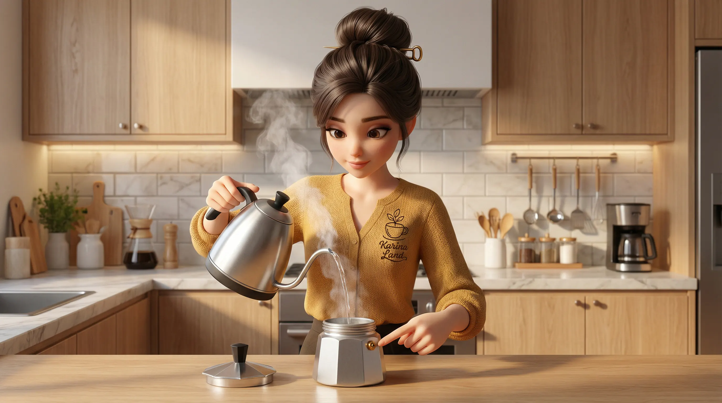 کارینا با لباس زرد در حال آموزش ترفند ریختن آب جوش در مخزن موکاپات تا زیر سوپاپ اطمینان.