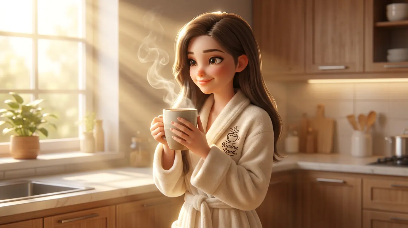کارینا در آشپزخانه غرق در نور خورشید صبحگاهی، در حال لذت بردن از قهوه تازه به عنوان پاداش سحرخیزی.