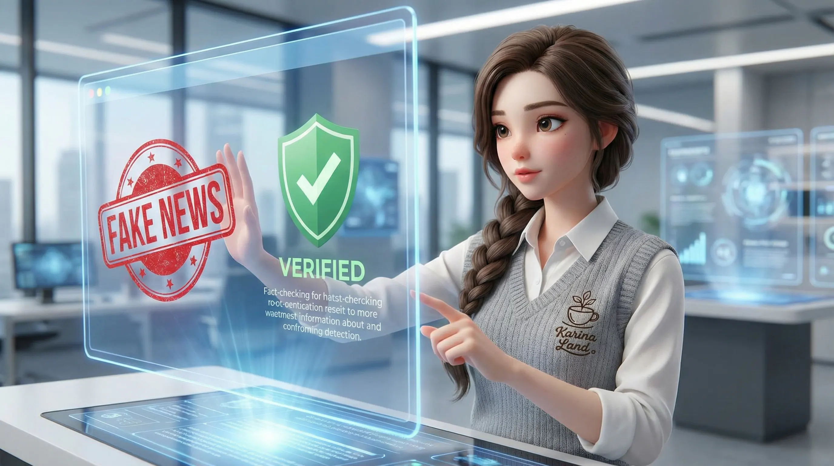 کارینا در حال بررسی اخبار و رد کردن شایعه ترور؛ تفکیک اخبار جعلی از واقعیت روی صفحه دیجیتال.