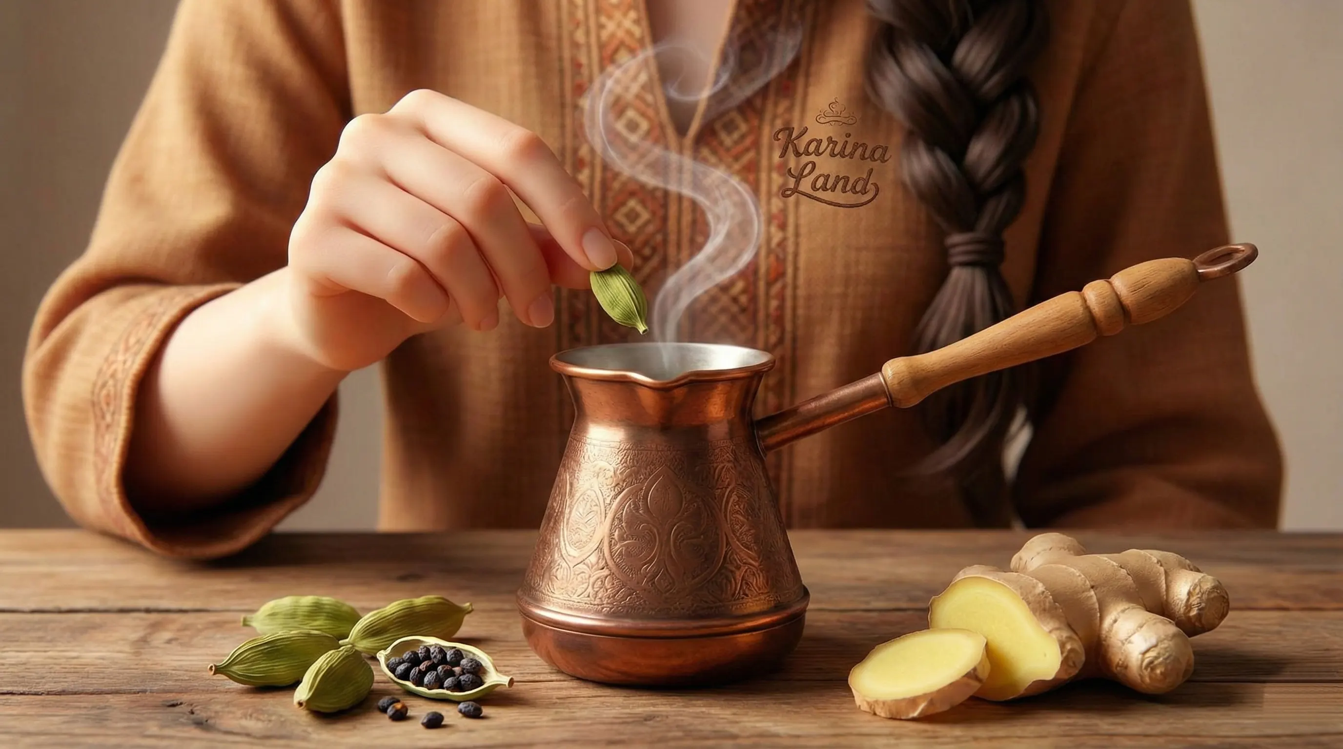 طعمهای شرقی در قهوه: استفاده از هل سبز و زنجبیل تازه توسط کارینا برای خواص گوارشی و طبع گرم.