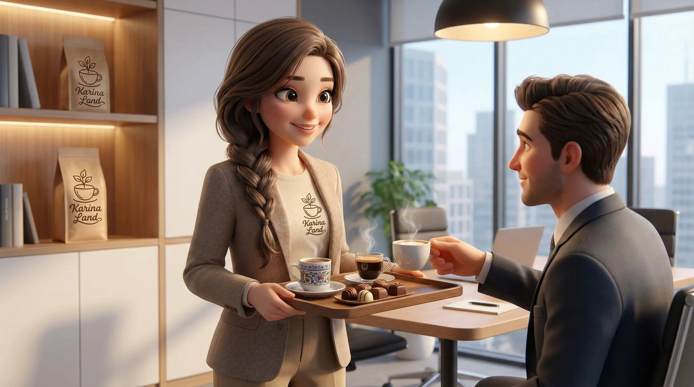 کارینا در حال پذیرایی از مشتری در دفتر کار با یک فنجان قهوه ترک و شکلات؛ اصول مهمان‌نوازی در جلسات فروش.