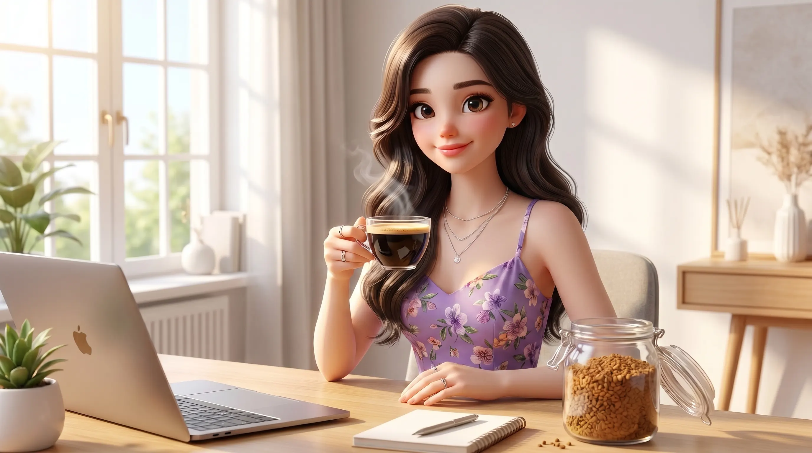کارینا با استایل شاداب و پرانرژی در حال نوشیدن یک فنجان قهوه فوری گلد در محیط کار