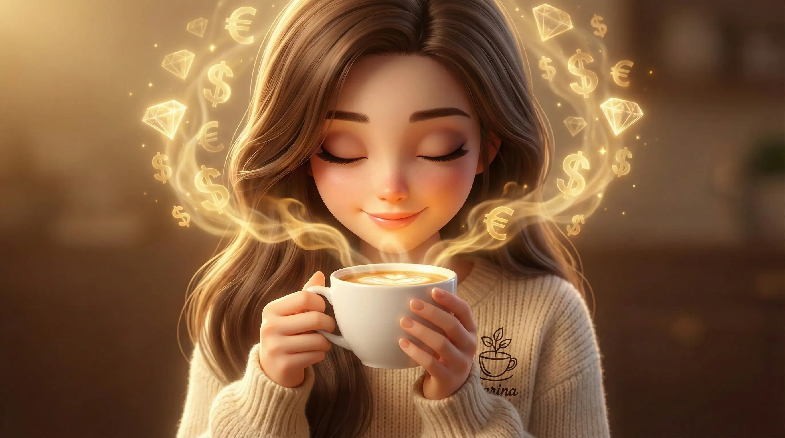 کارینا با چشمان بسته و لبخند رضایت در حال بو کردن عطر قهوه تازه؛ بخار قهوه به شکل هاله‌های طلایی ثروت دیده می‌شود.