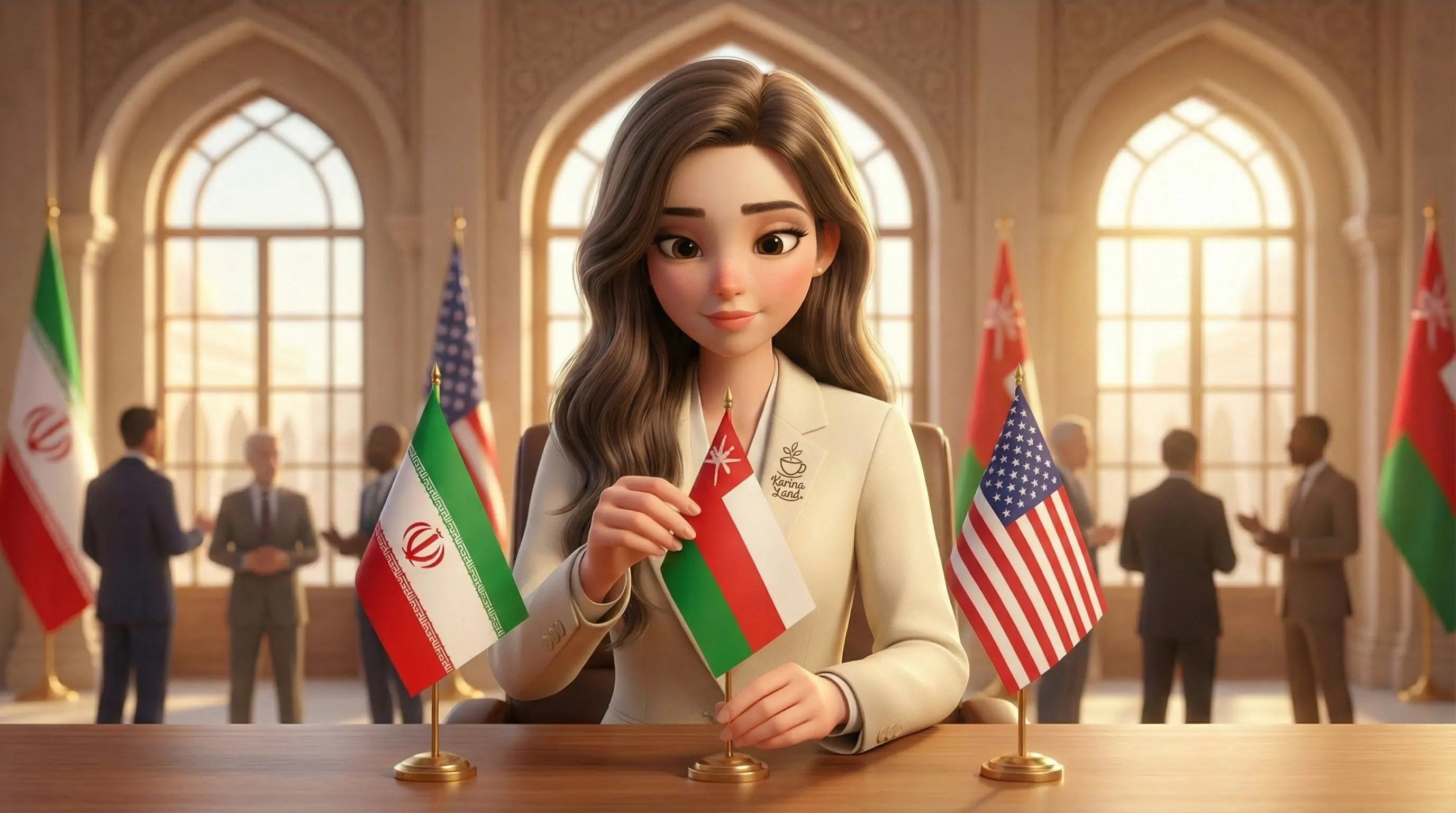 میانجیگری عمان: کارینا در حال چیدن پرچم عمان بین پرچمهای ایران و آمریکا روی میز مذاکره.