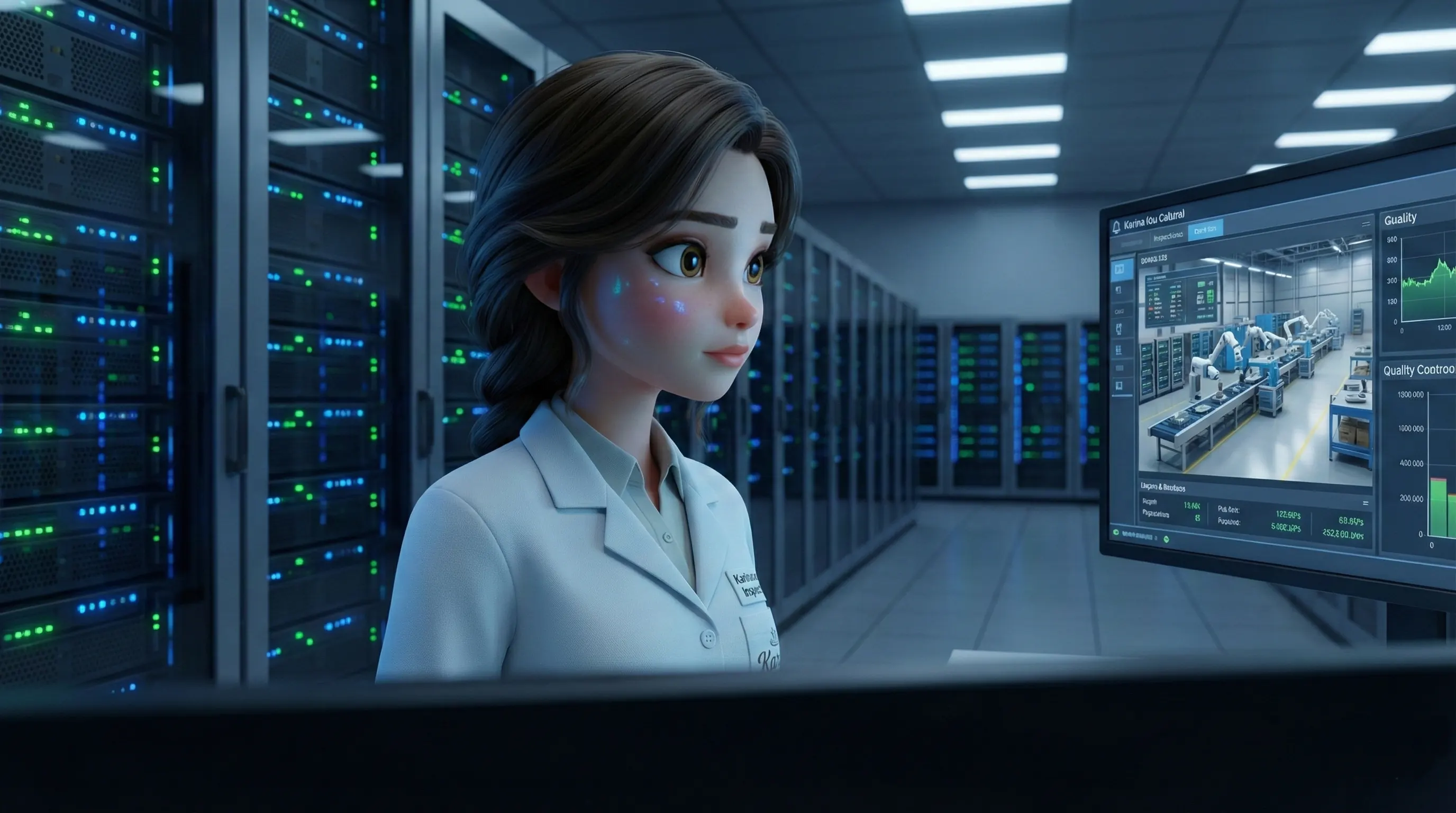 نظارت کارشناس کارینالند بر داده‌های خط تولید کارخانه قطعه‌سازی در اتاق سرور