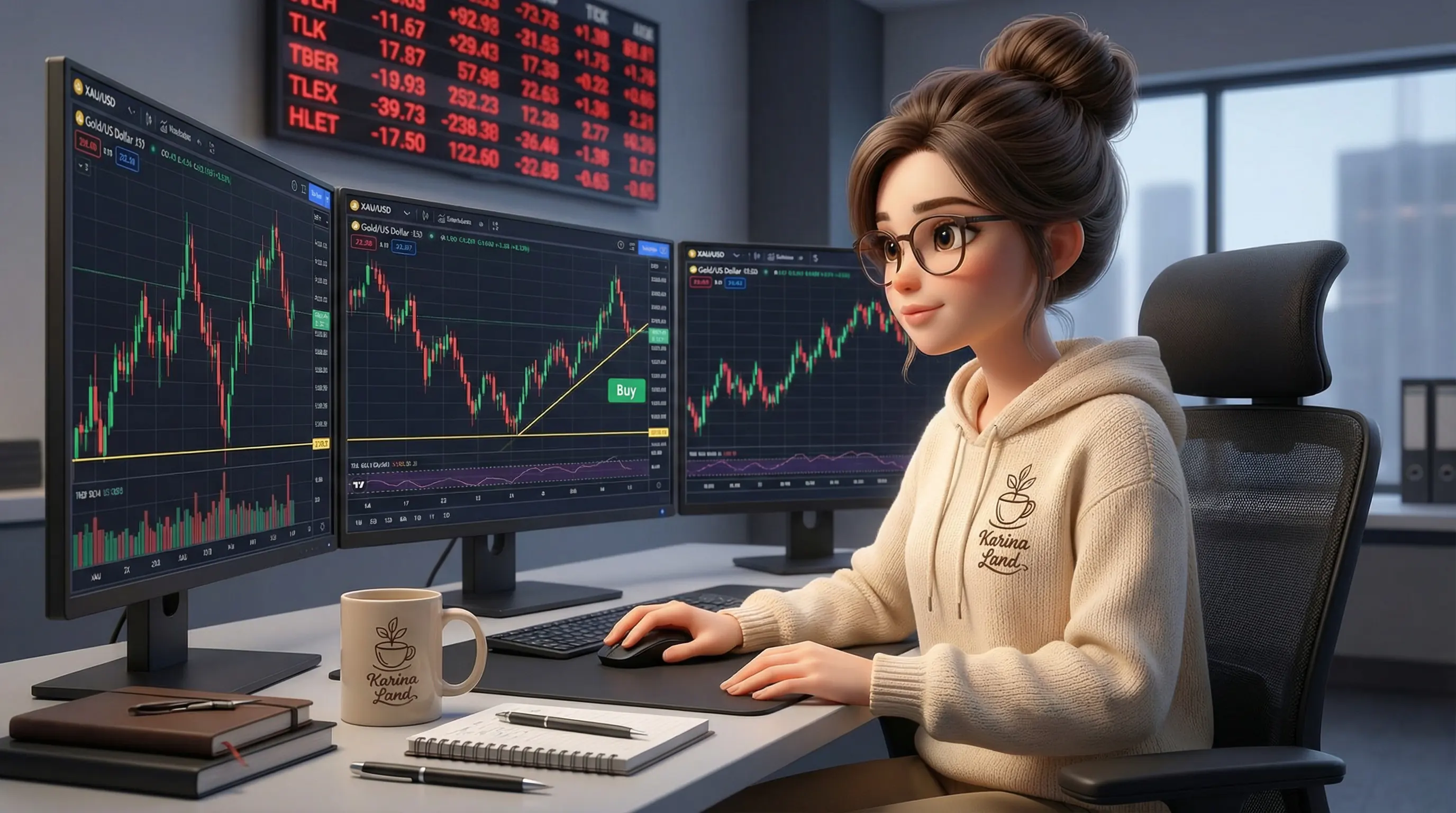 کارینا به عنوان تریدر حرفه‌ای در حال خرید طلا در کف قیمت (Buy the Dip) روی مانیتورهای معاملاتی؛ تحلیل تکنیکال طلا.
