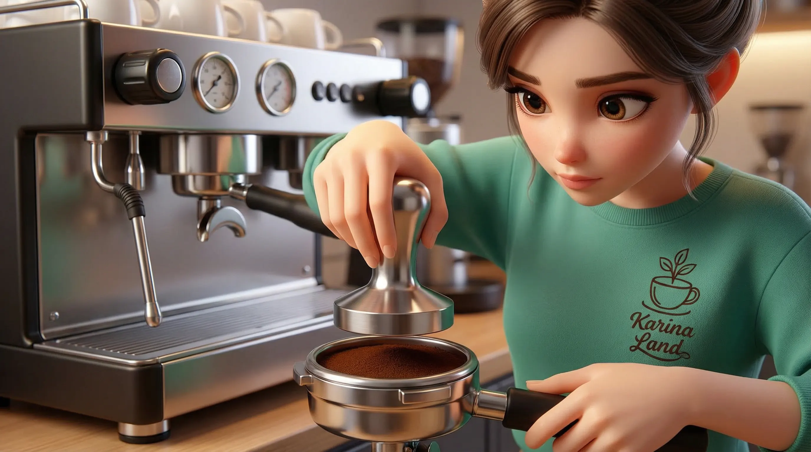 آموزش نحوه صحیح تمپ کردن و فشرده سازی پودر قهوه در پرتافیلتر توسط کارینا برای داشتن اسپرسوی غلیظ.