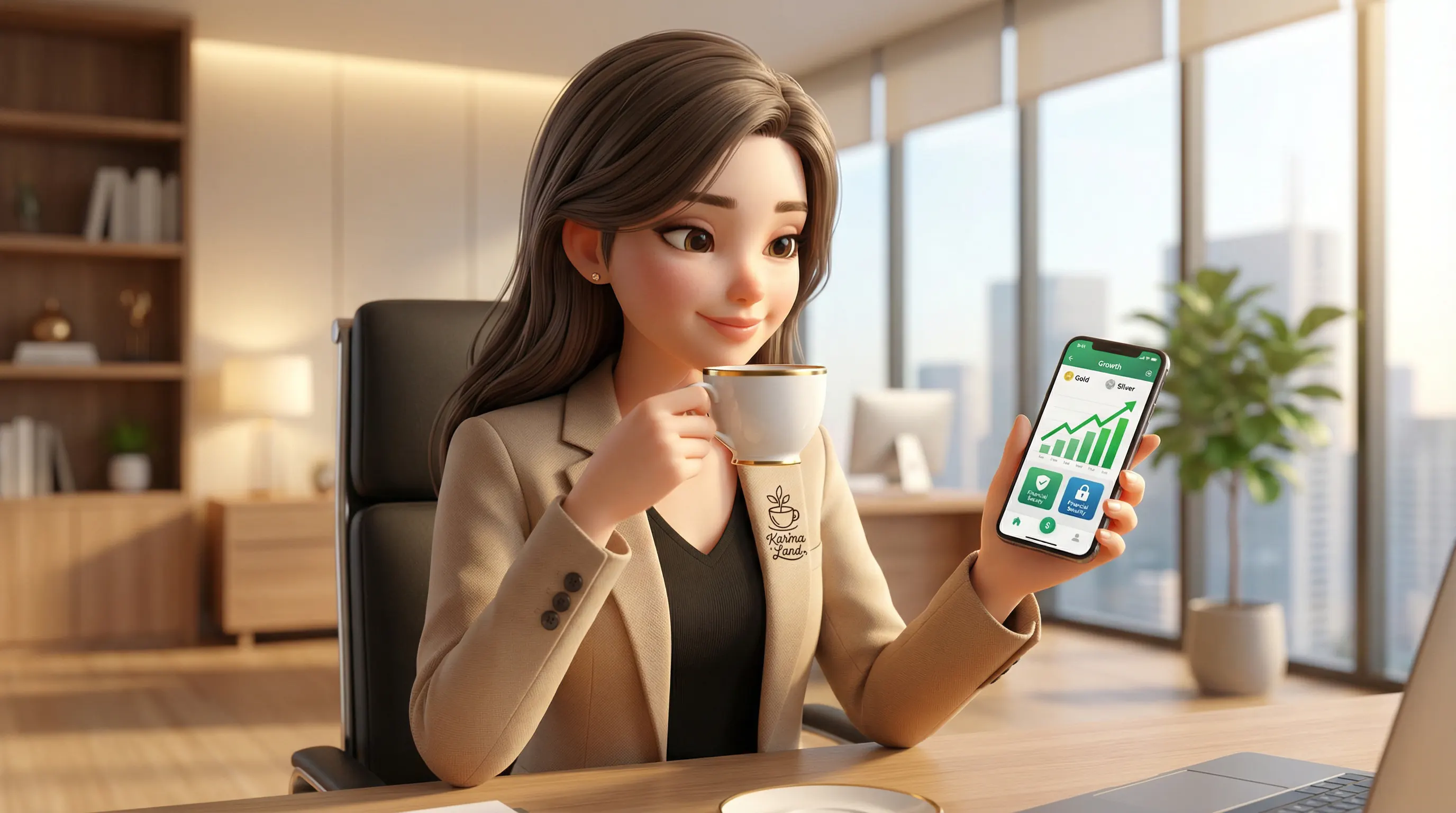 کارینا با آرامش در حال نوشیدن قهوه و بررسی رشد سرمایه گذاری امن طلا و نقره در موبایل.