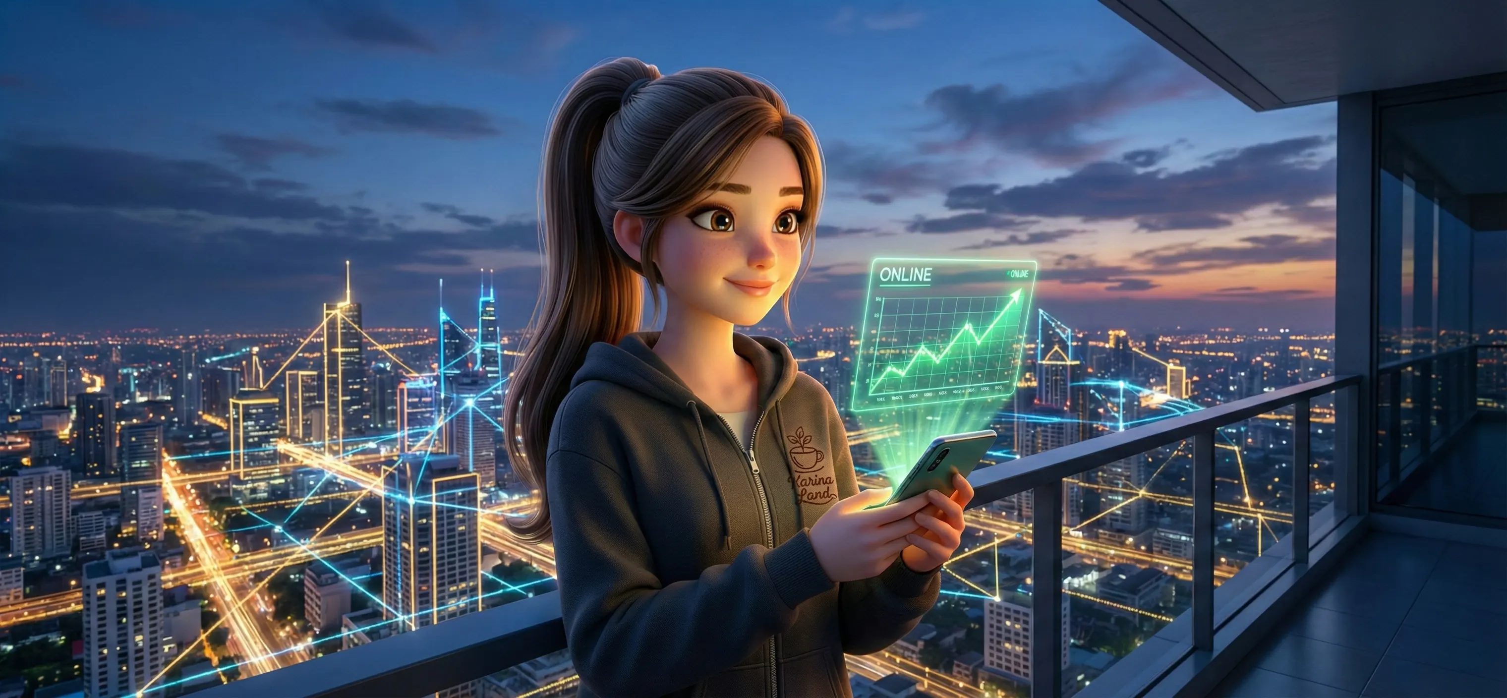 کاراکتر انیمیشنی کارینا روی پشتبام در شب، با شهری که با نورهای شبکه اینترنت روشن شده است. او با خوشحالی به گوشی موبایل که نمودار رشد و وضعیت آنلاین را نشان میدهد، نگاه میکند.
