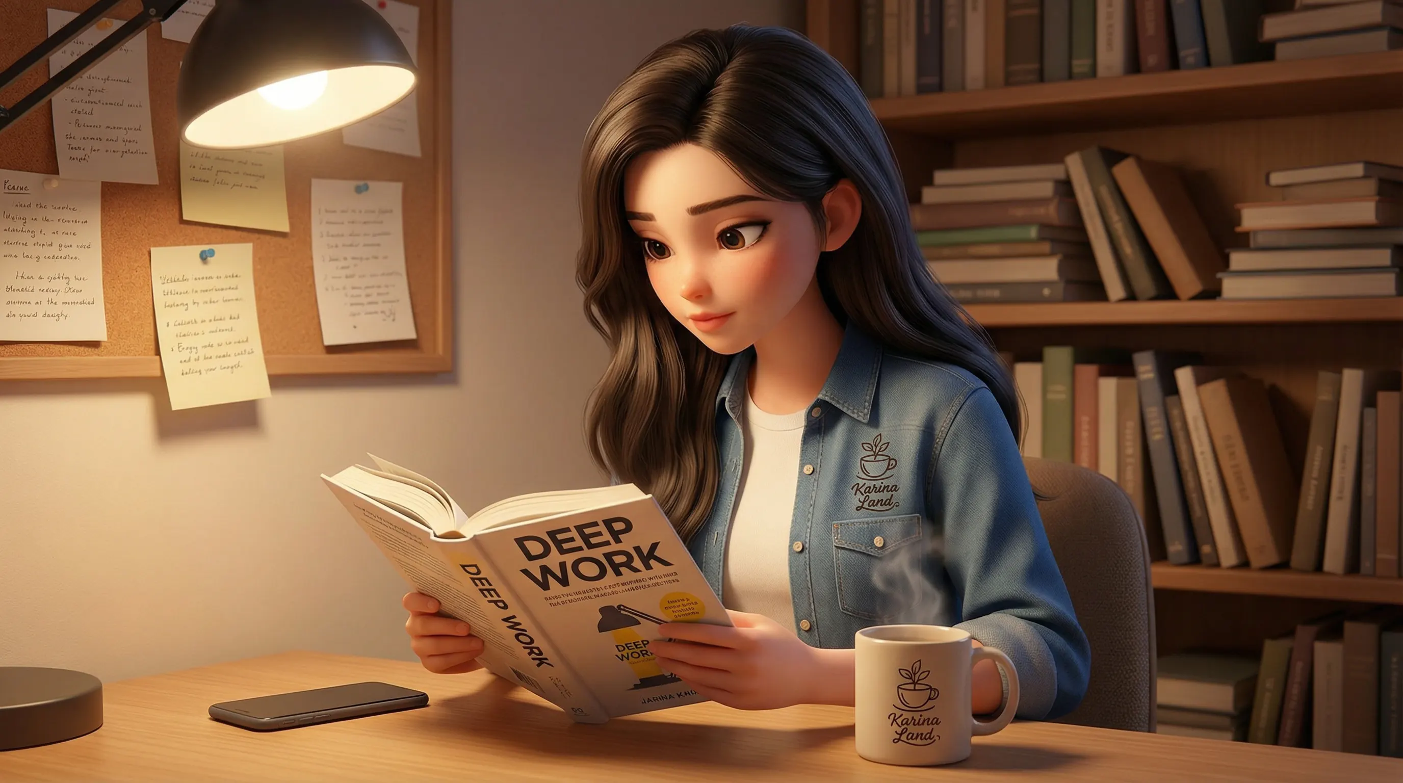یادگیری عمیق بدون اینترنت: کارینا در حال مطالعه متمرکز کتاب با یک فنجان قهوه فول کافئین، در حالی که گوشی موبایل خاموش است.