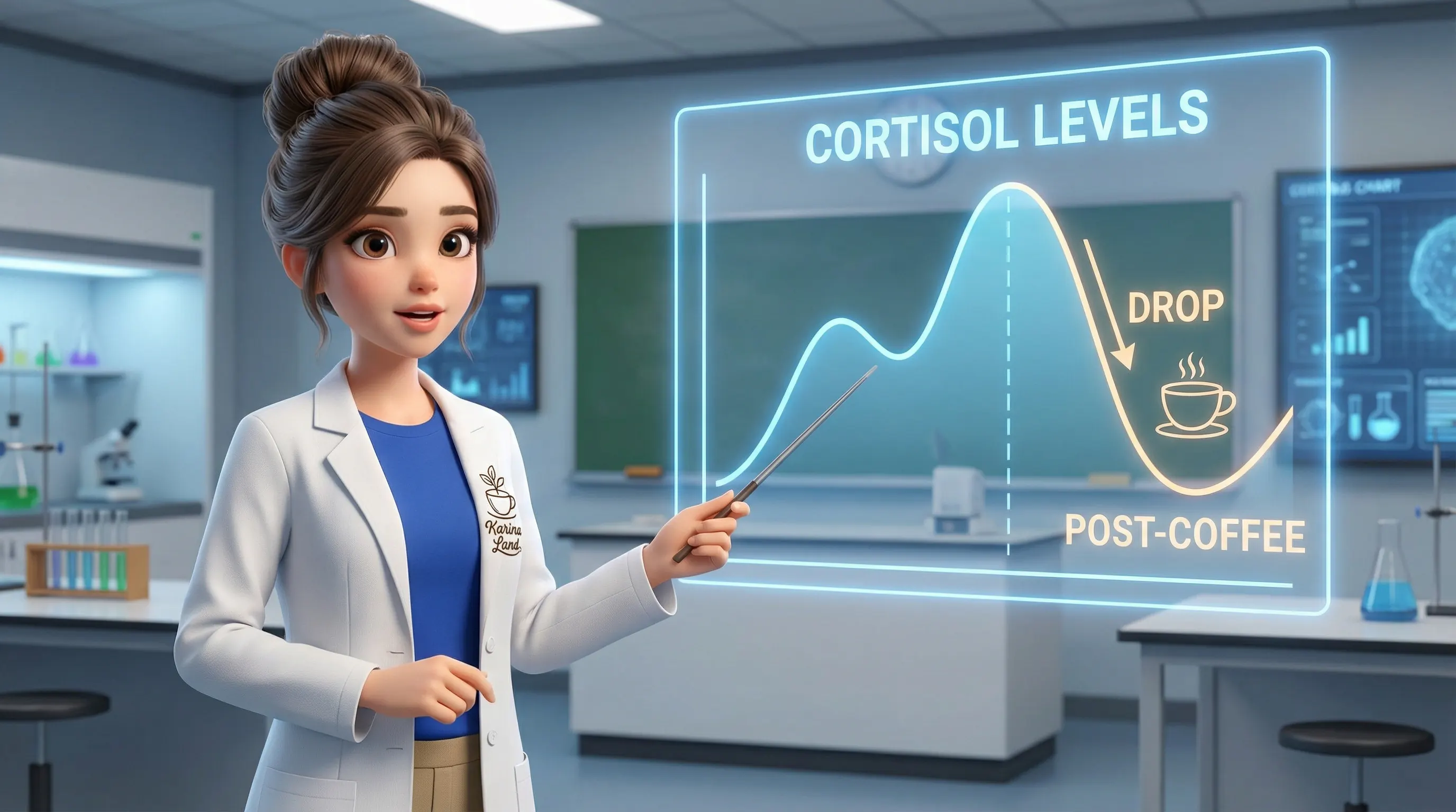 کارینا پای نمودار علمی کورتیزول بدن، در حال آموزش تاثیر کافئین بر هوشیاری در ساعات مختلف