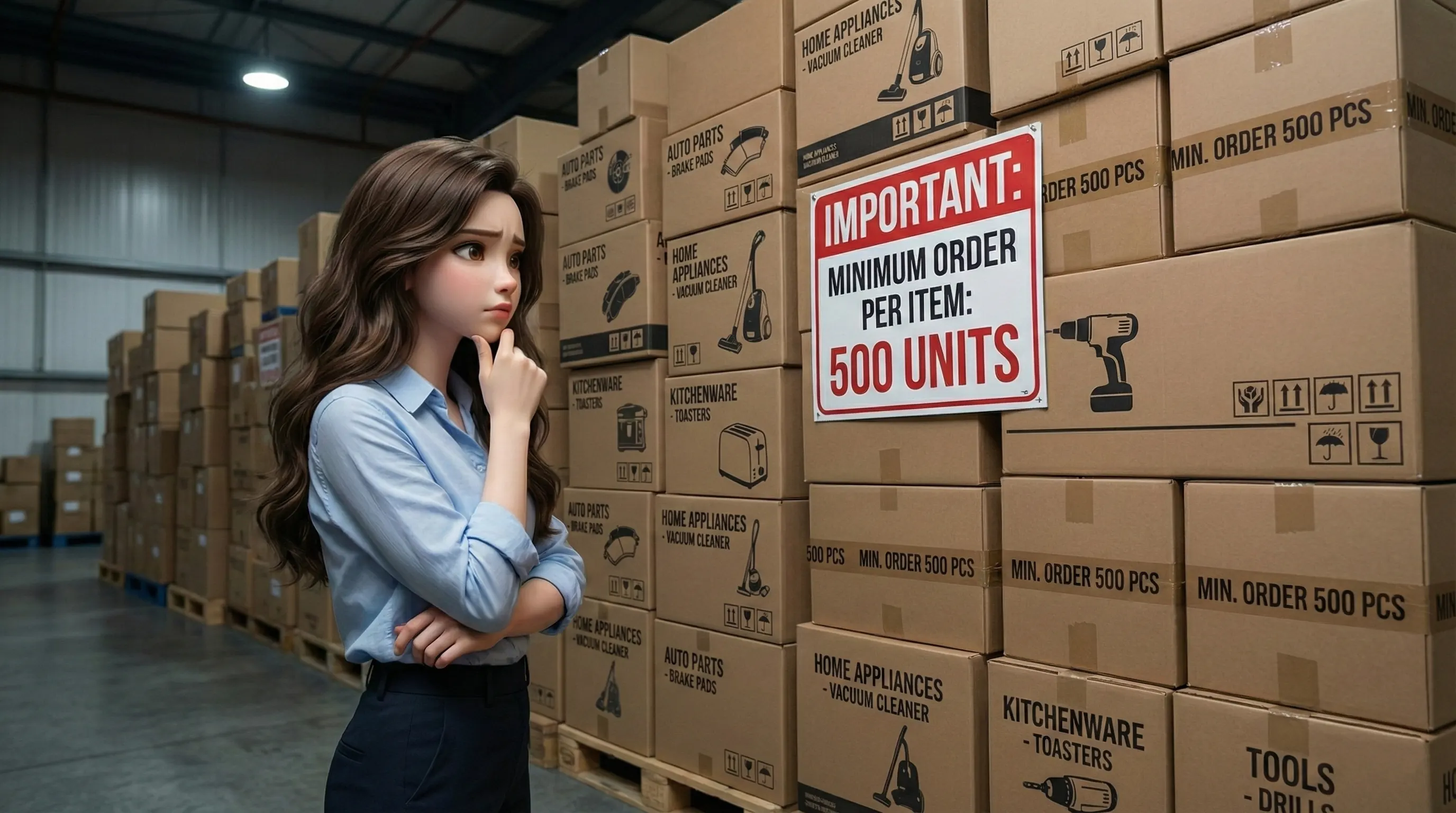 کارینا در حال نگاه کردن به مانع بزرگ خرید تیراژ بالا در انبار کارخانه.