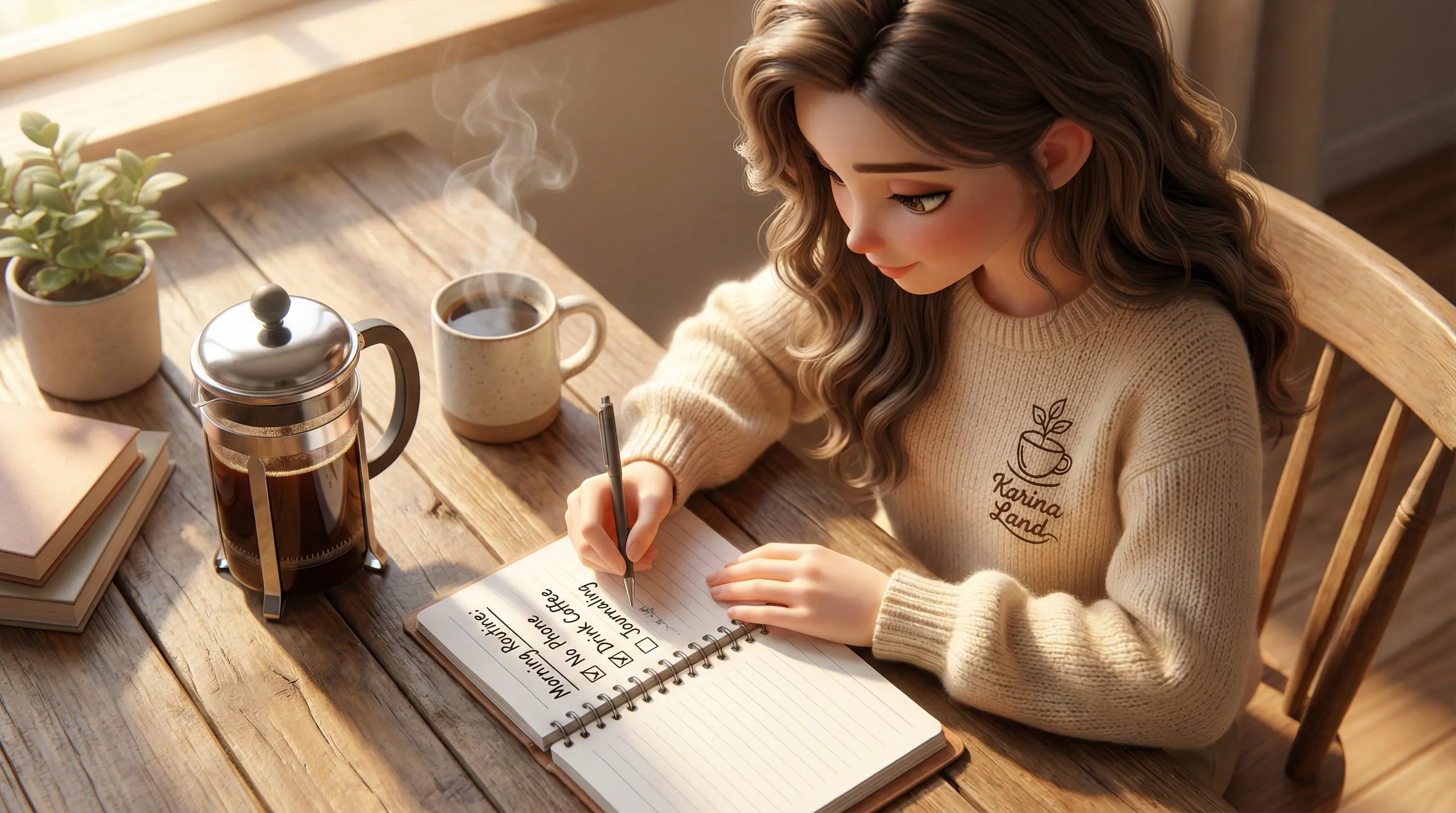 کارینا پشت میز کار در حال تیک زدن چک‌لیست روتین صبحگاهی در کنار قهوه ساز و فنجان اسپرسو.