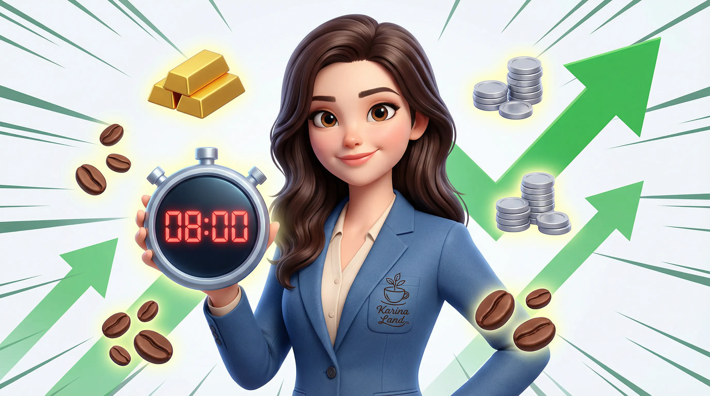 استراتژی ۸ دقیقهای ثروت: کارینا با کرنومتر و نمادهای طلا، نقره و قهوه برای مدیریت سرمایه.
