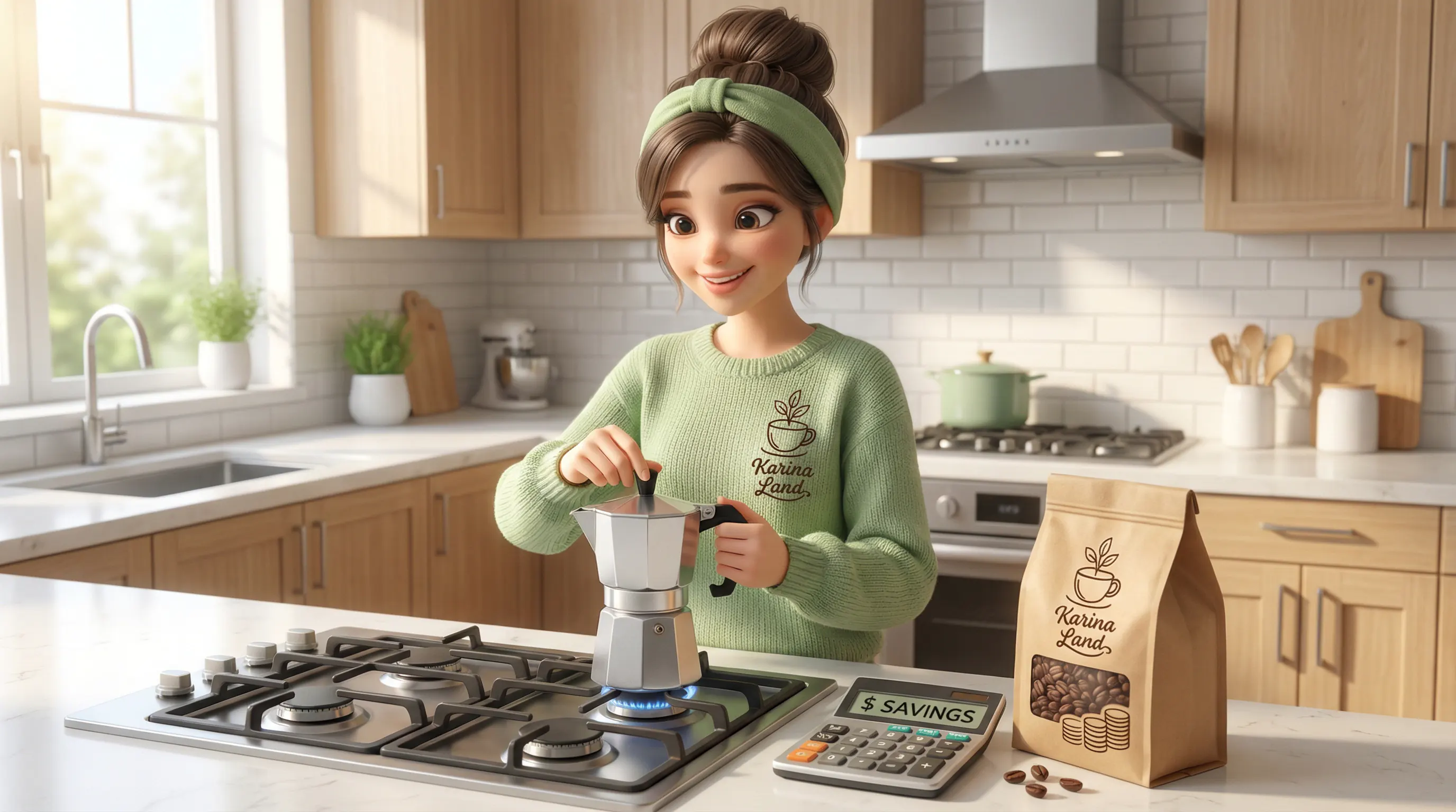 کارینا با خوشحالی در حال دم کردن قهوه اقتصادی با موکاپات در خانه و محاسبه پسانداز پول.