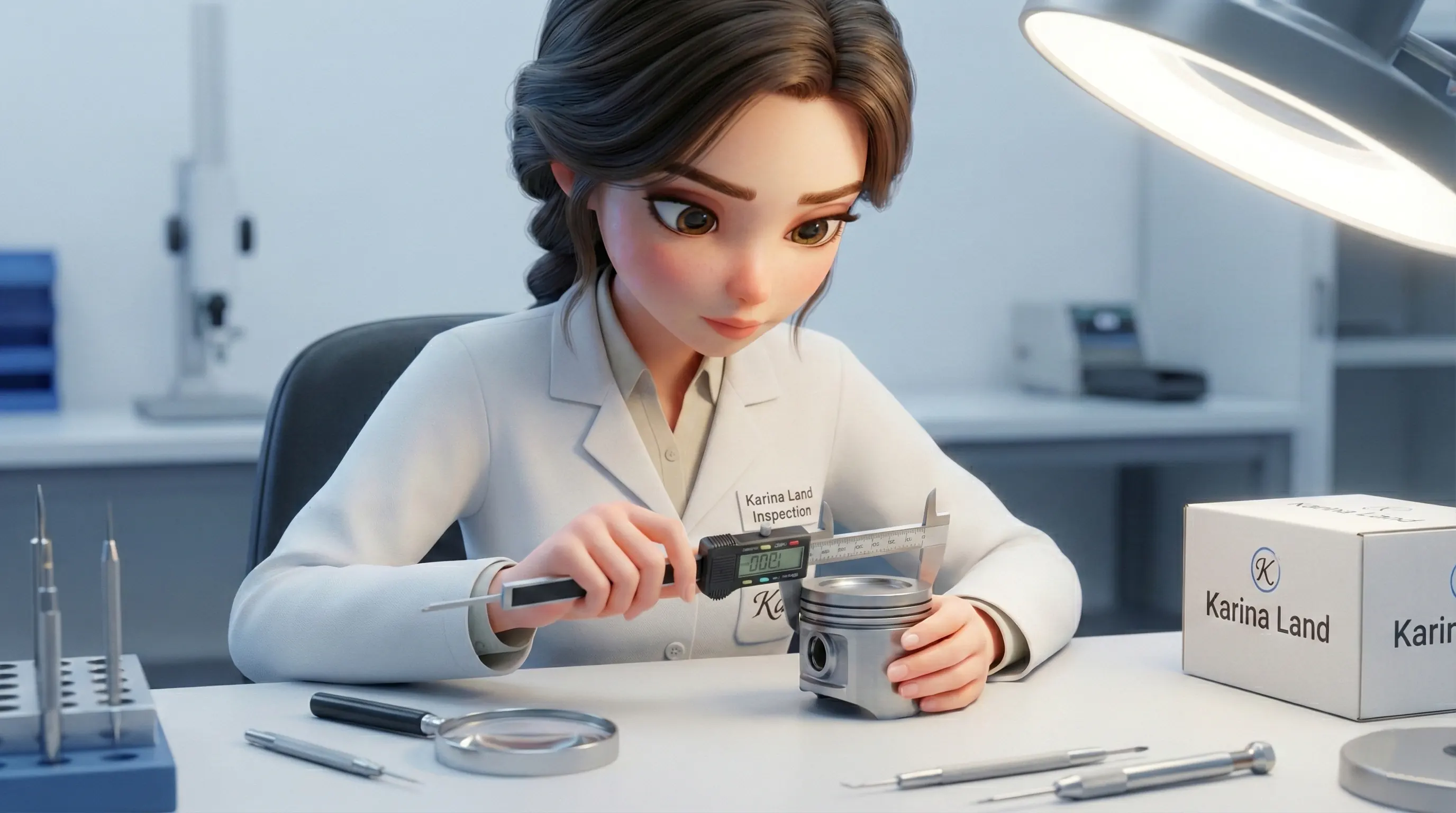 بازرسی دقیق و کنترل کیفیت قطعات یدکی خودرو با کولیس دیجیتال توسط کارشناس کارینالند.