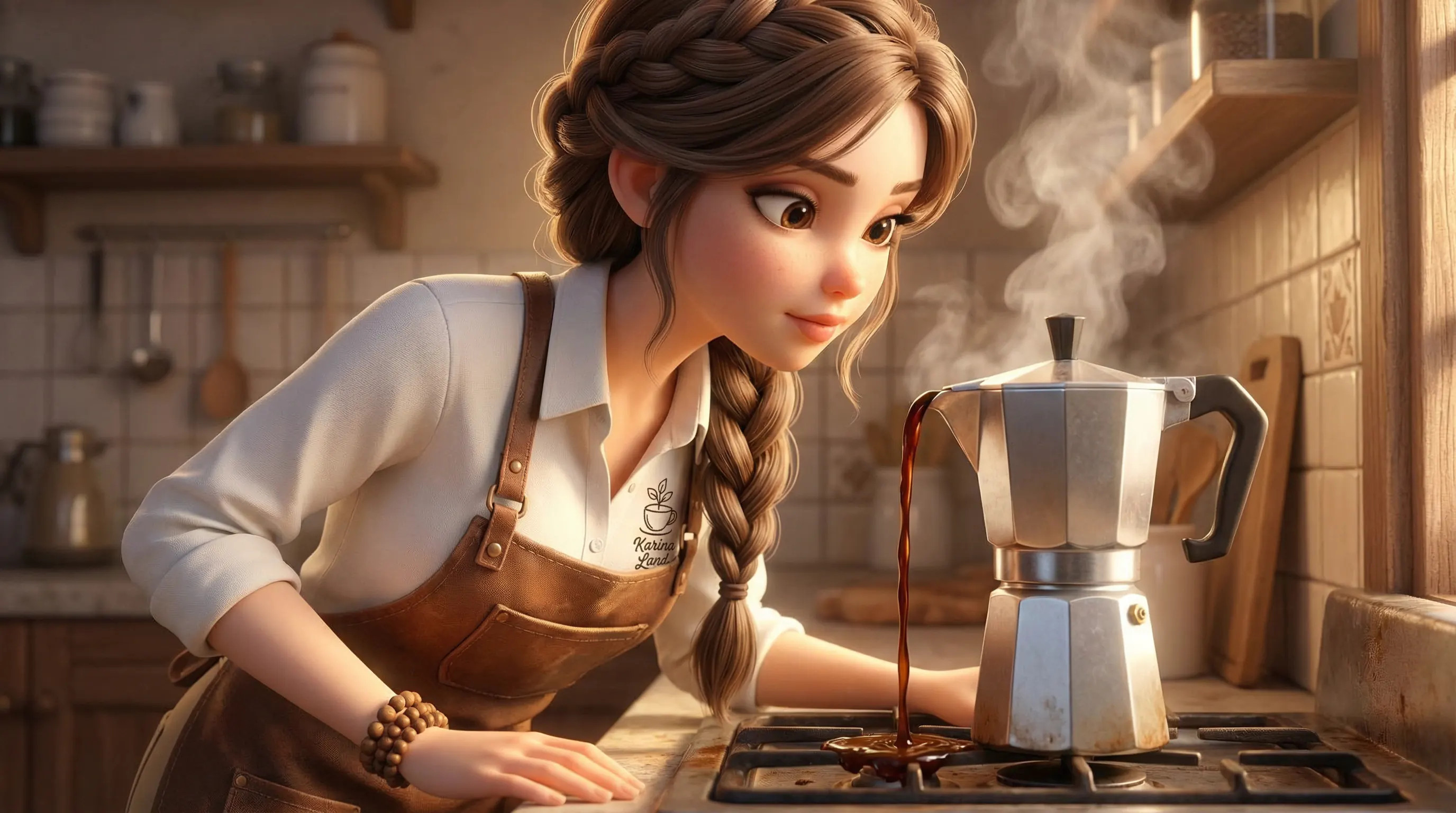 نمای نزدیک از عصاره‌گیری قهوه غلیظ از موکاپات با نظارت دقیق کارینا که پیشبند چرمی باریستایی پوشیده است.