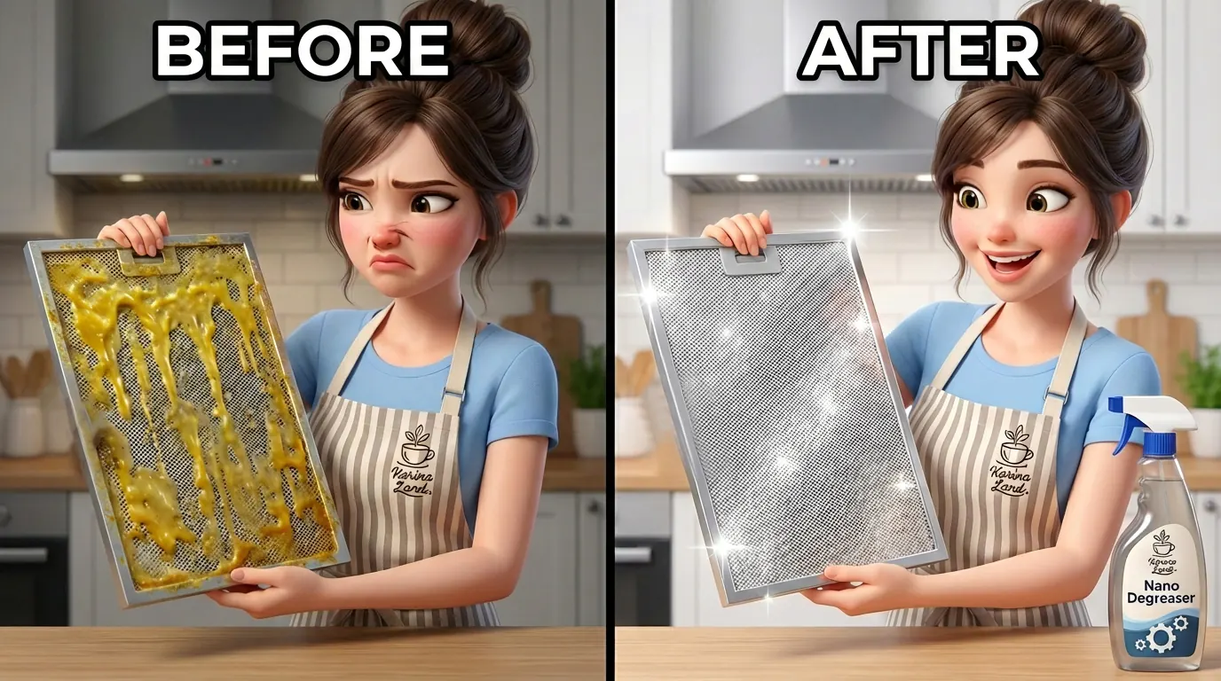 مقایسه قبل و بعد تمیز کردن فیلتر هود پر از چربی توسط کارینا با استفاده از اسپری چربیزدای نانو.