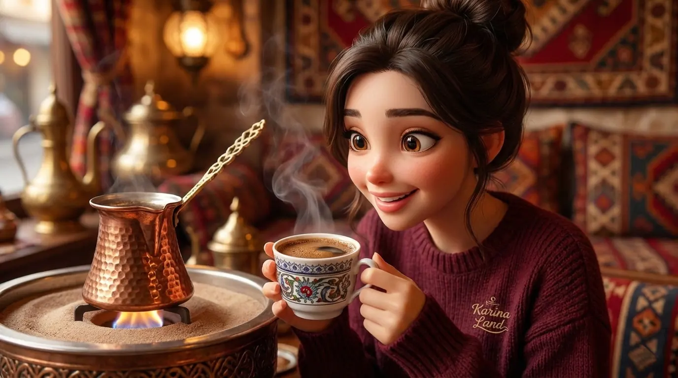 دم کردن قهوه ترک اصیل با جذوه مسی و ایجاد لایه فوم (کف) غلیظ؛ نمایش روش سنتی توسط کارینا.